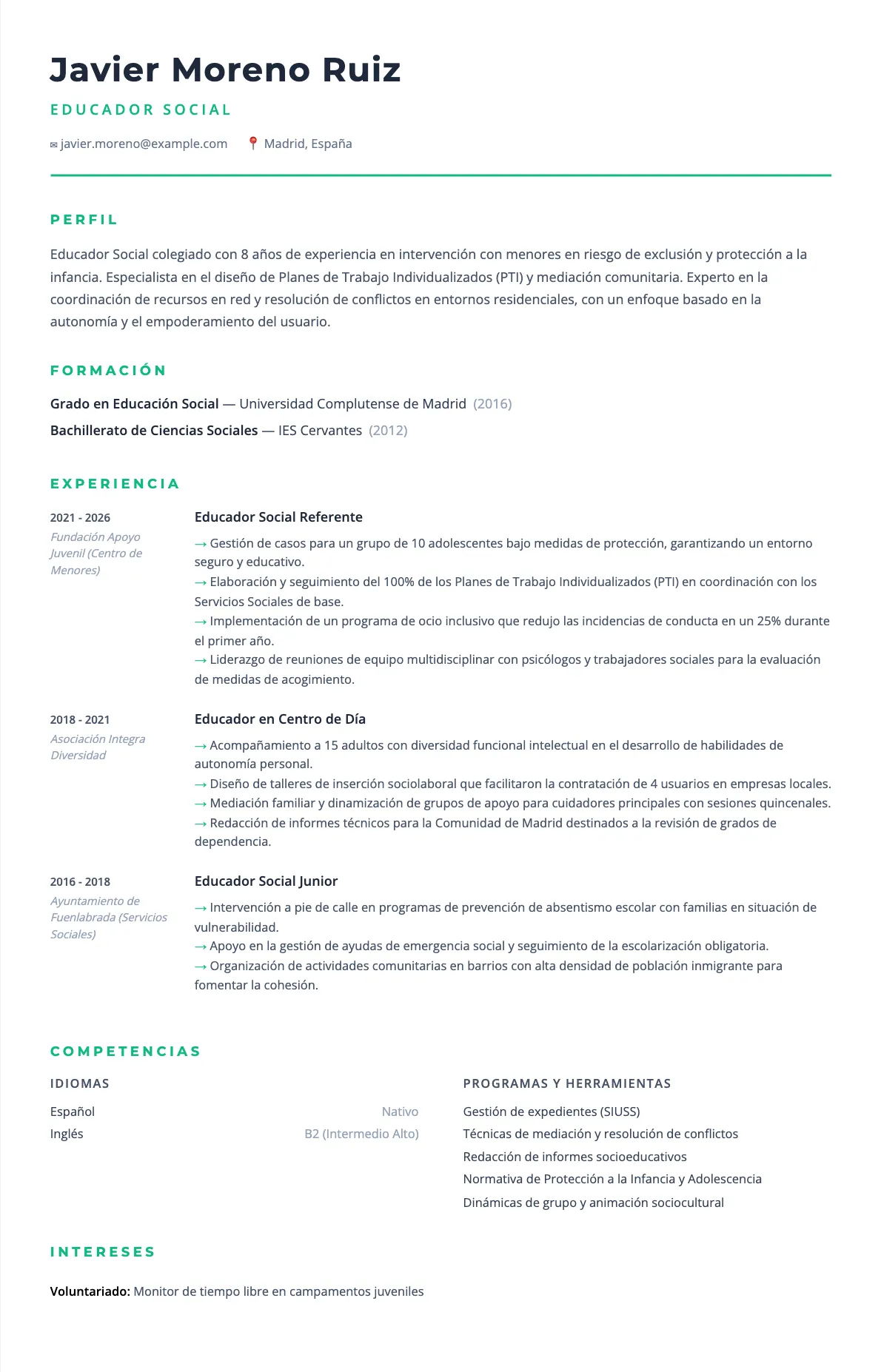 Ejemplo de CV de Educador Social 2026