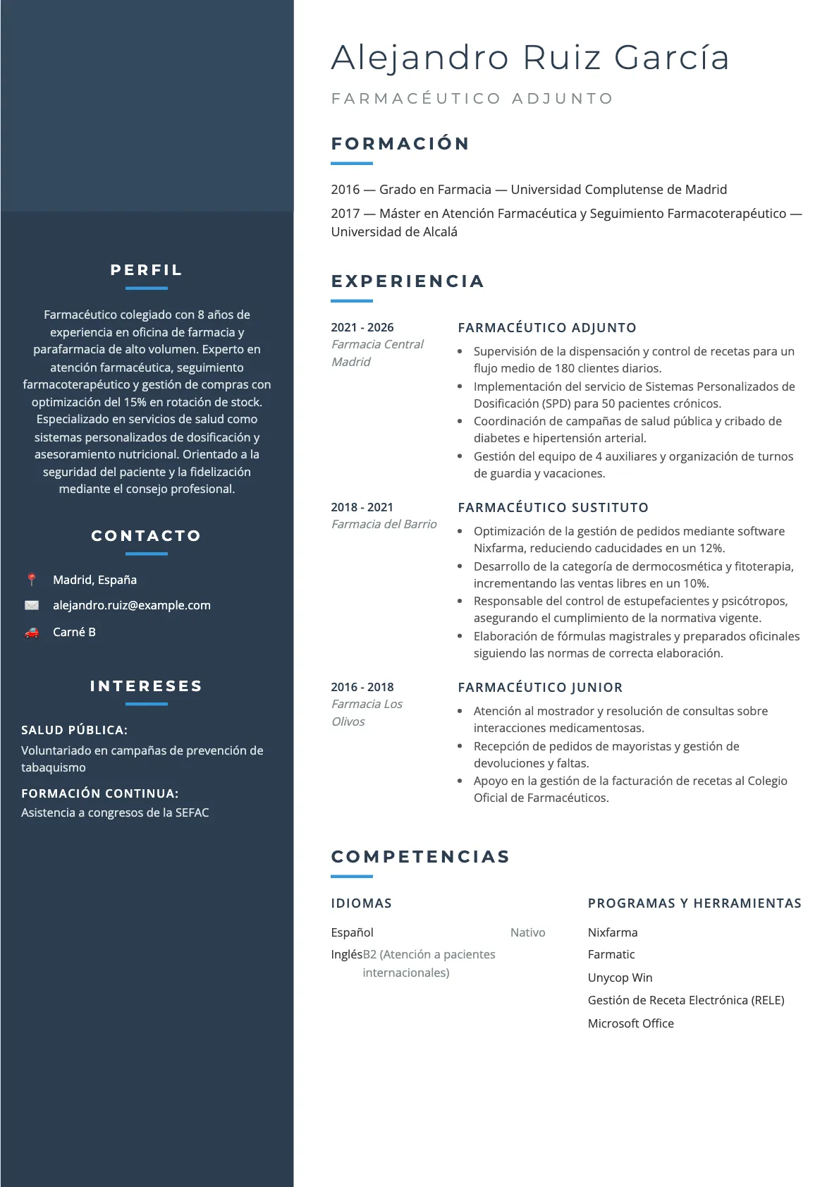Ejemplo de CV Farmacéutico 2026