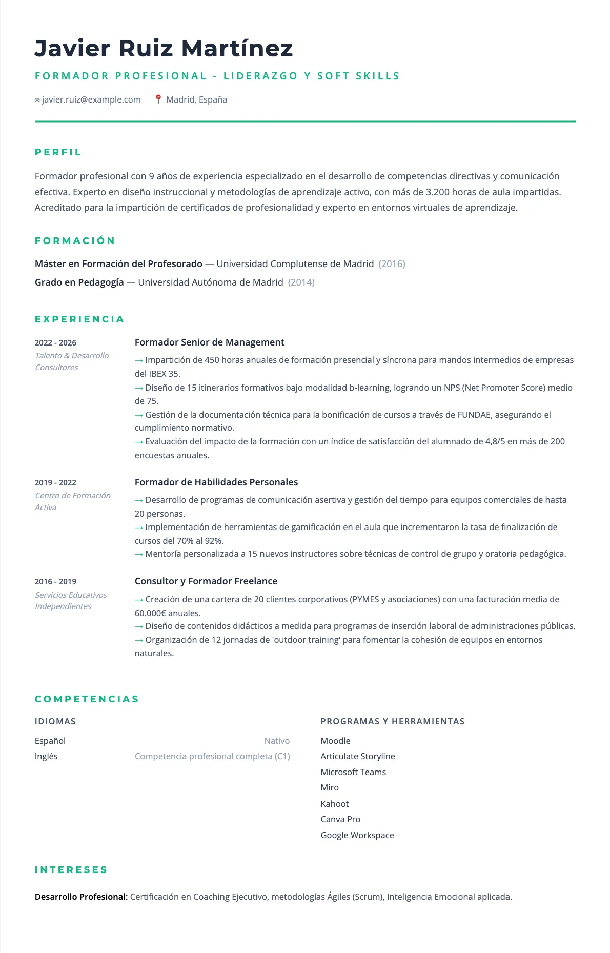 Ejemplo de CV de Formador Profesional 2026