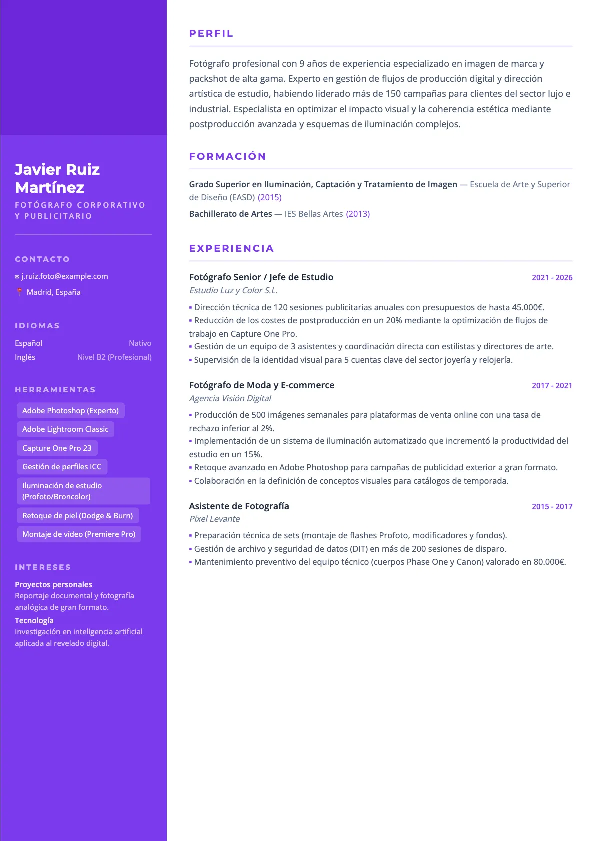 Ejemplo de CV de Fotógrafo Profesional 2026