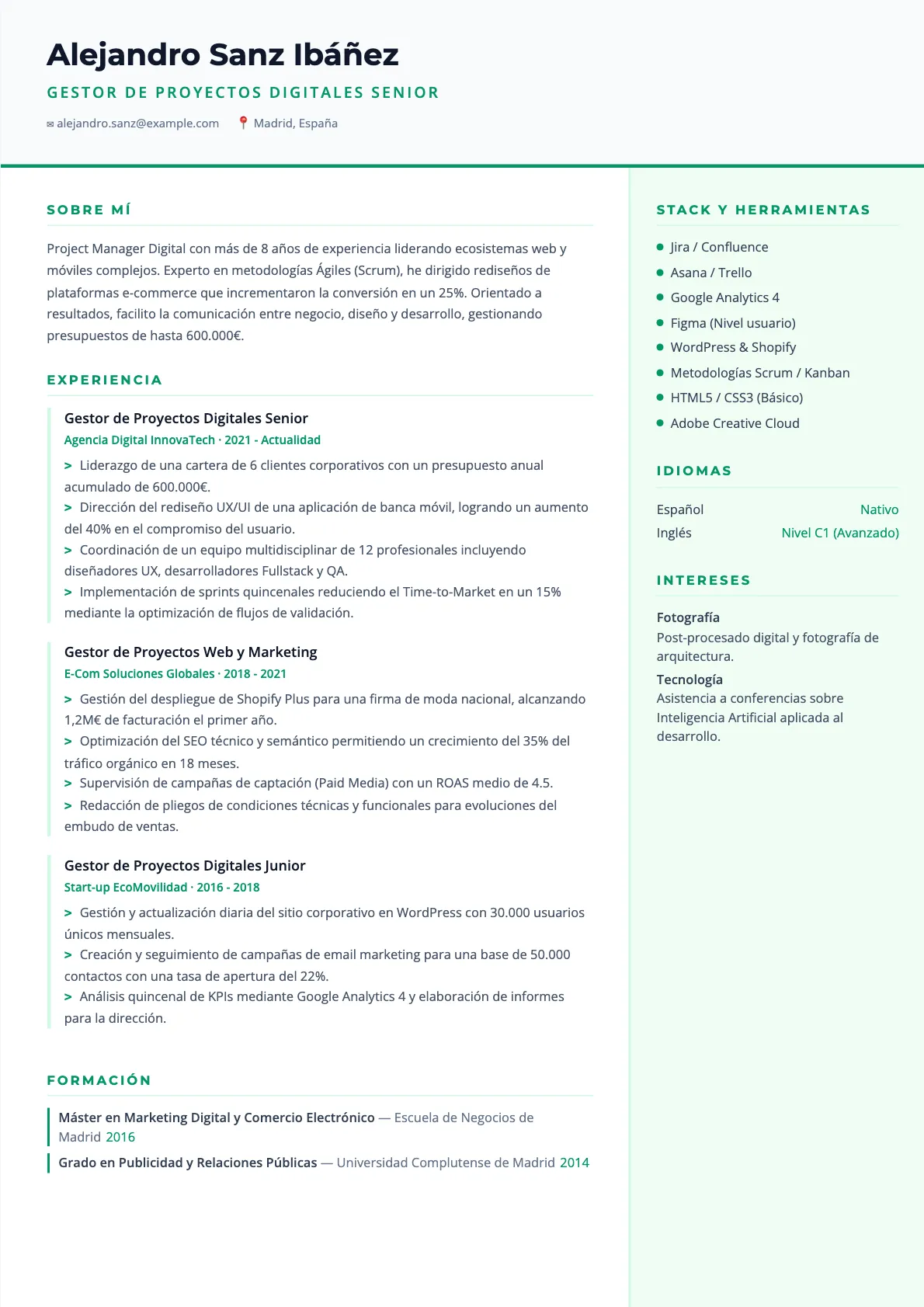 Ejemplo de CV de Gestor de Proyectos Digitales 2026