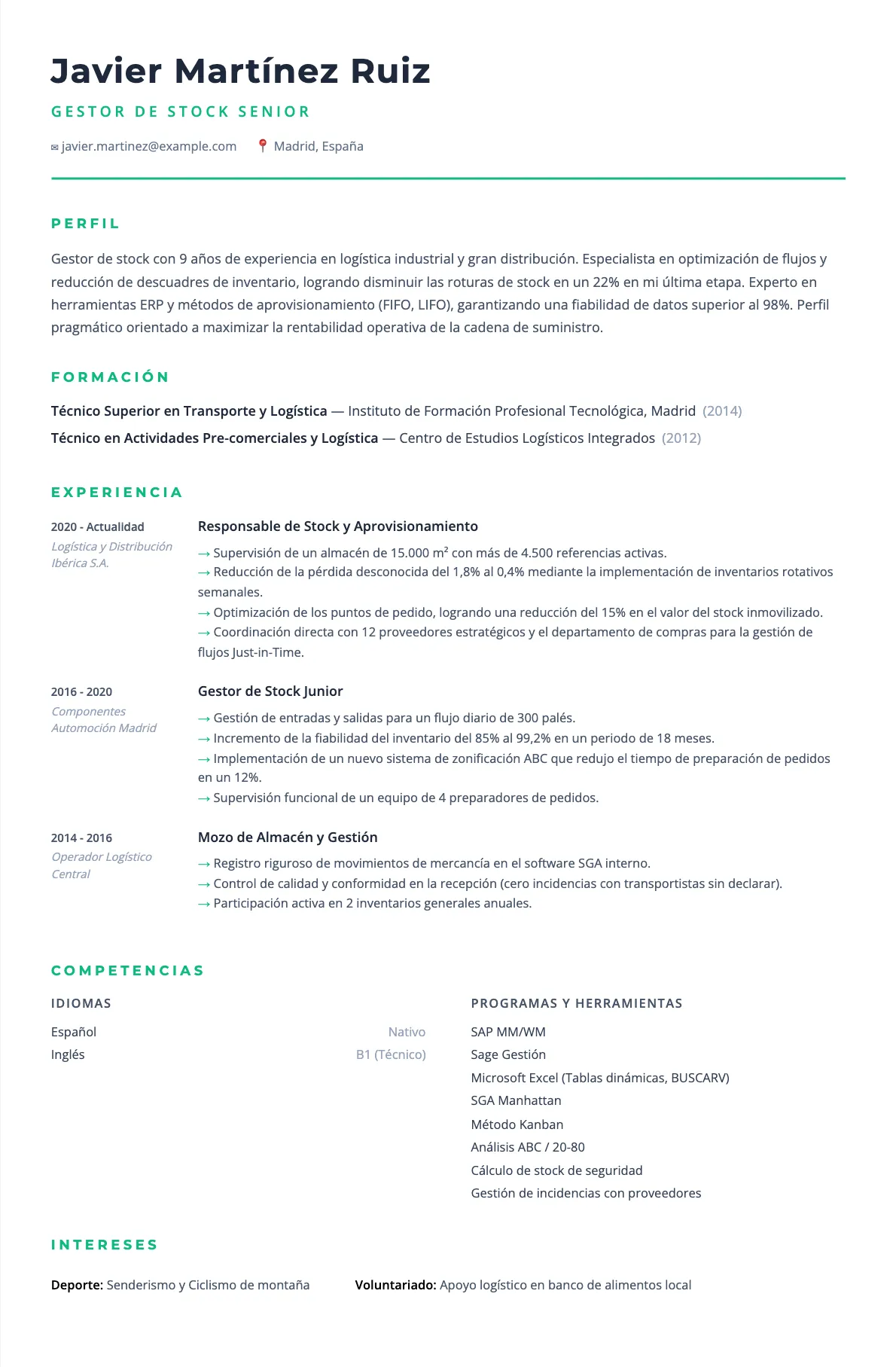 CV de gestor de stock: ejemplo 2026 y competencias clave