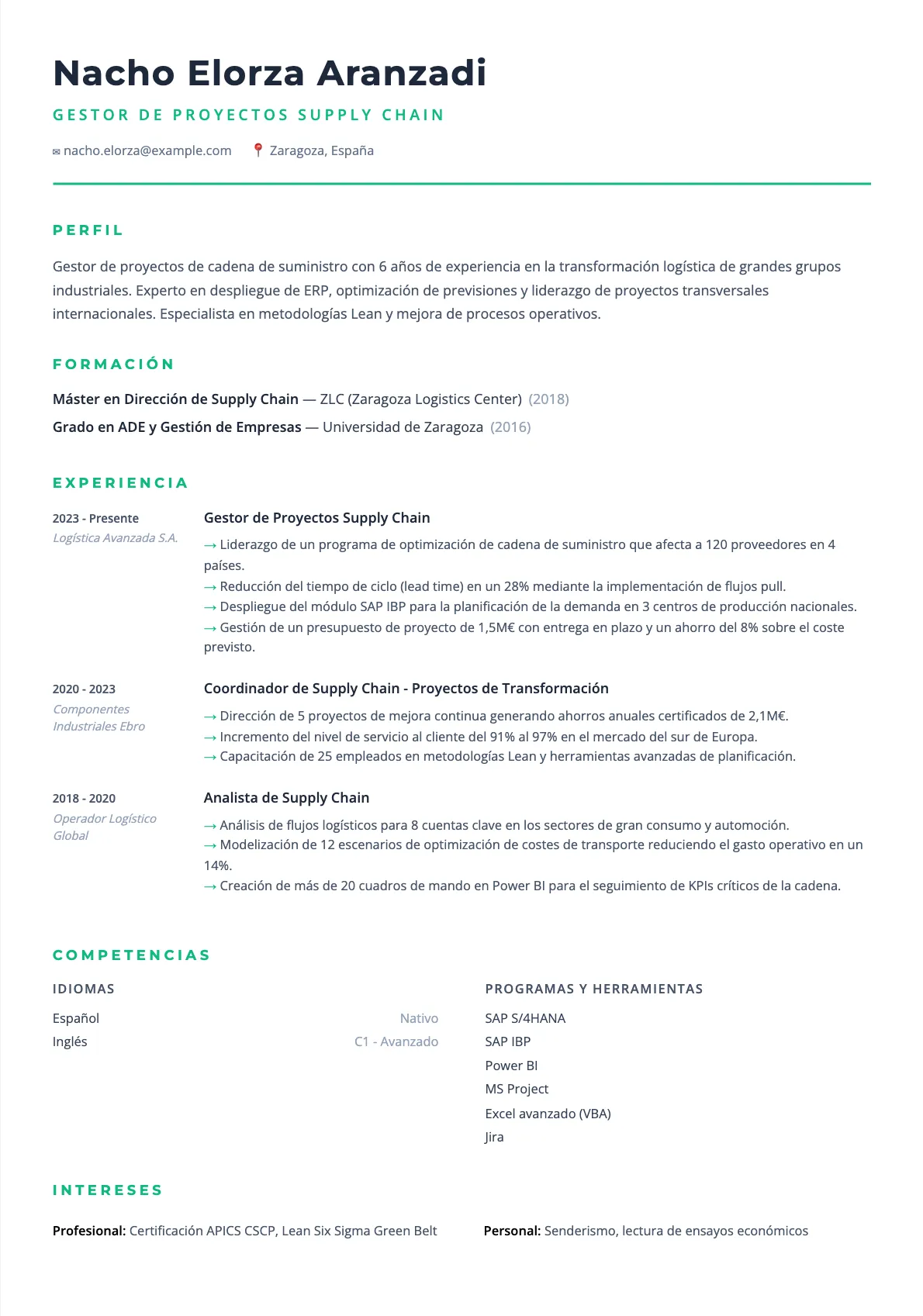 Ejemplo de CV de Gestor de Proyectos Supply Chain 2026