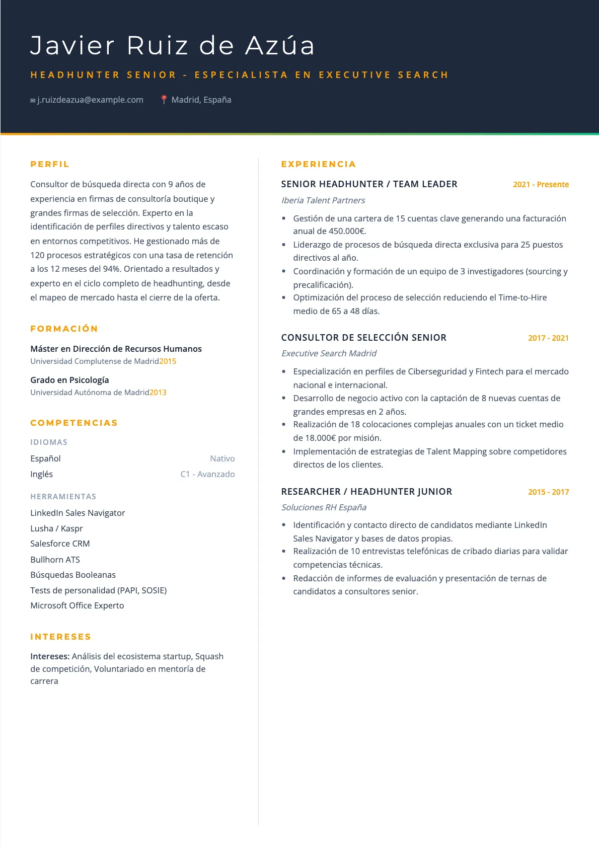 Ejemplo de CV de Headhunter y Cazatalentos 2026