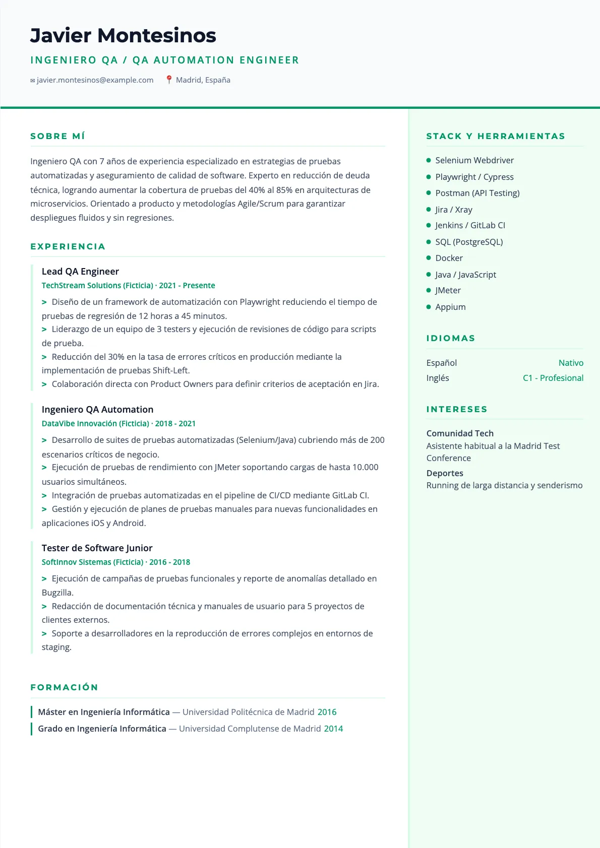 Ejemplo de CV de Ingeniero QA 2026