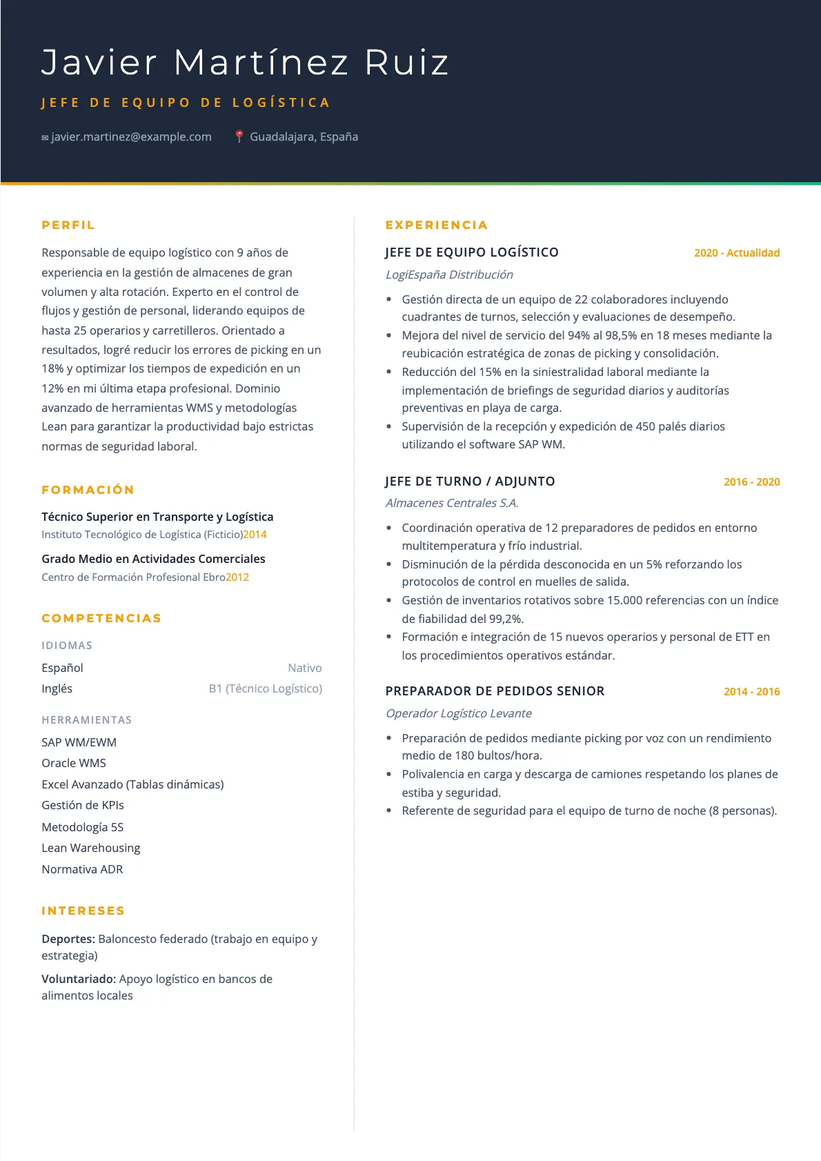Ejemplo de CV Jefe de Equipo Logística 2026