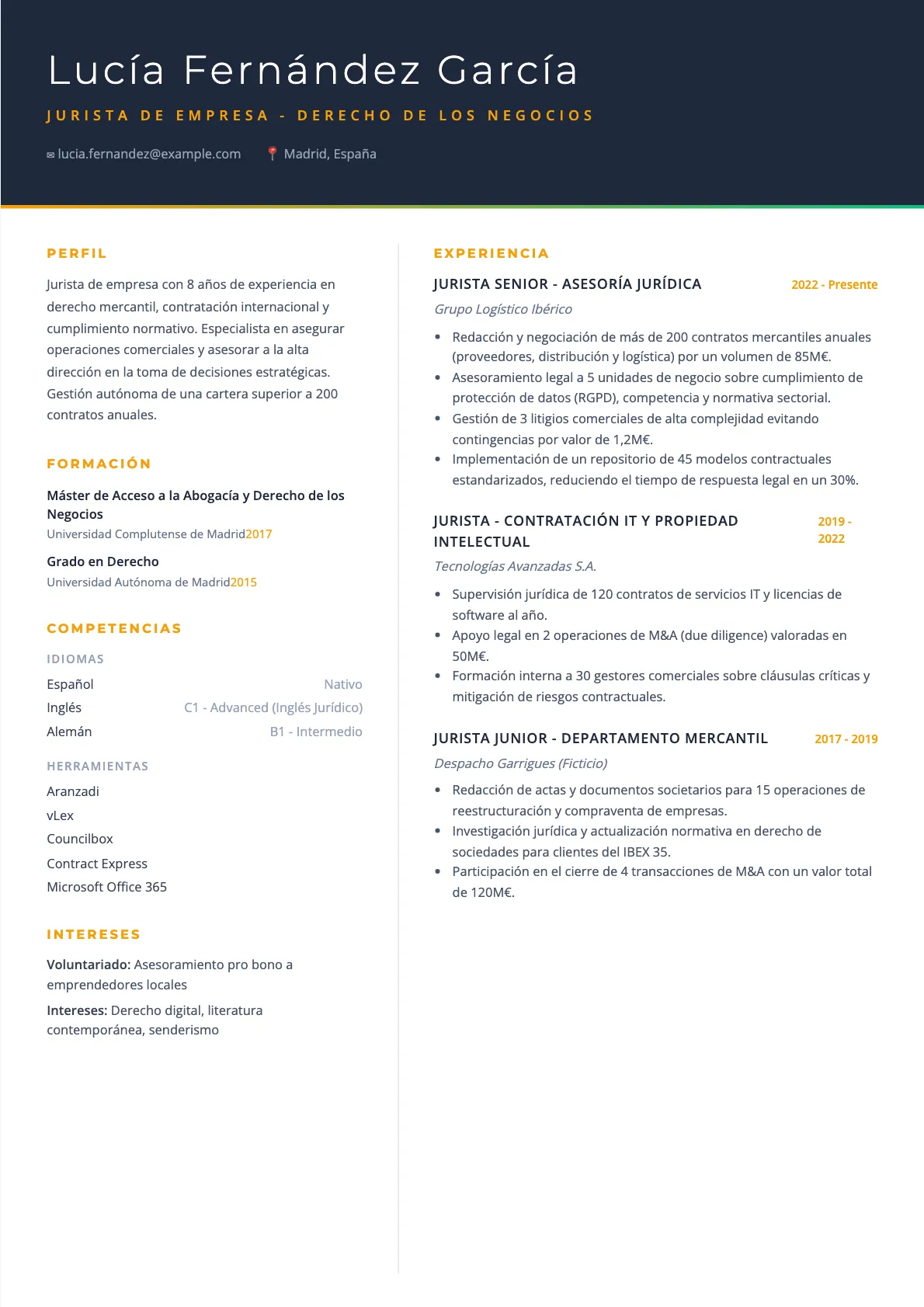 CV jurista: ejemplo de jurista de empresa 2026