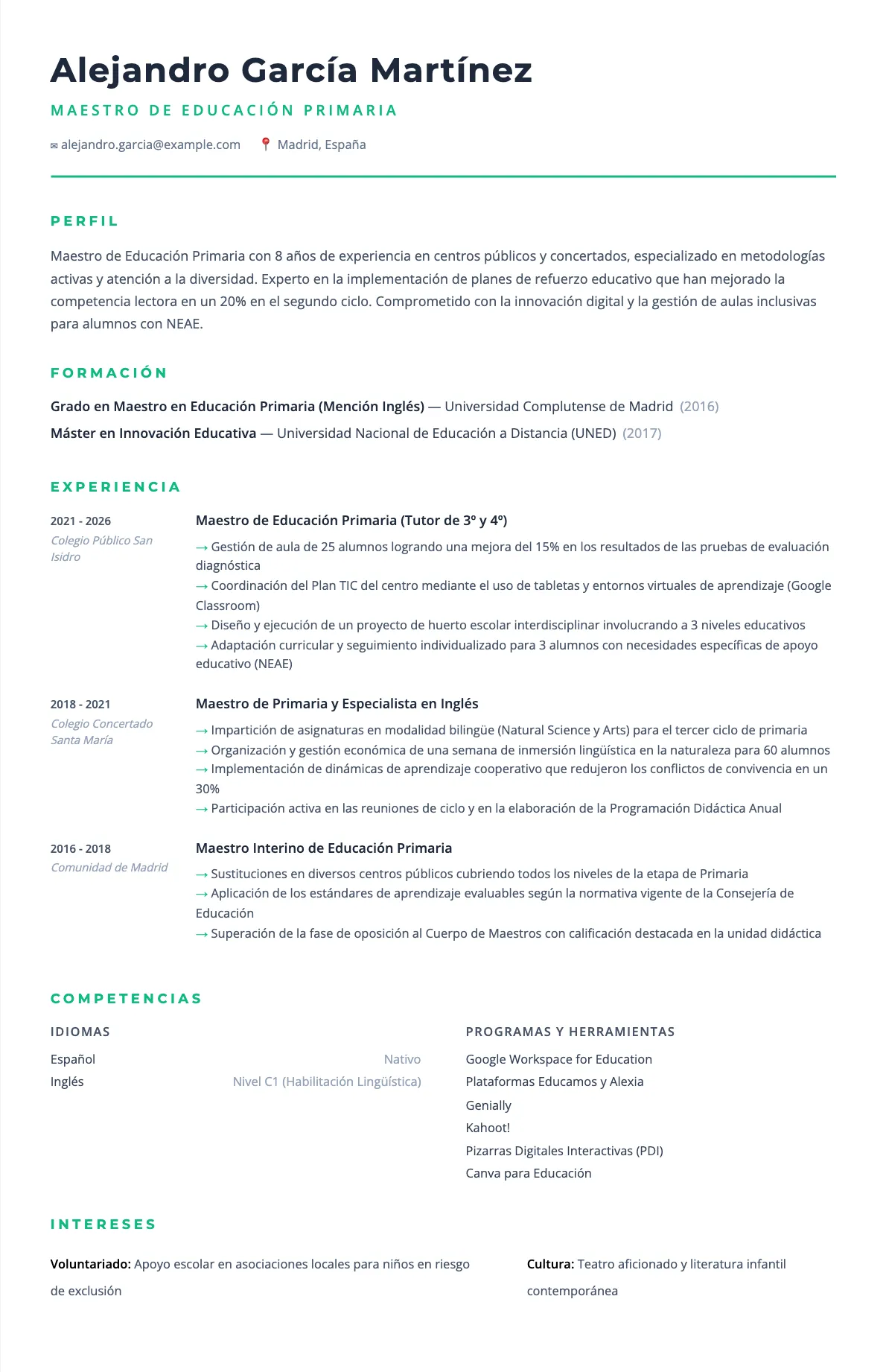 Ejemplo de CV de Maestro de Educación Primaria 2026