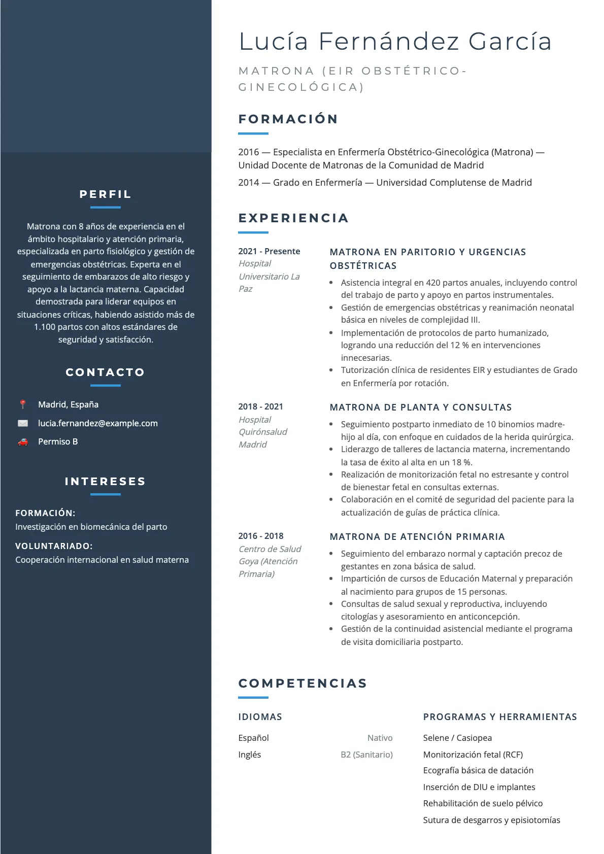 CV de matrona: ejemplo 2026, formación y experiencia en España