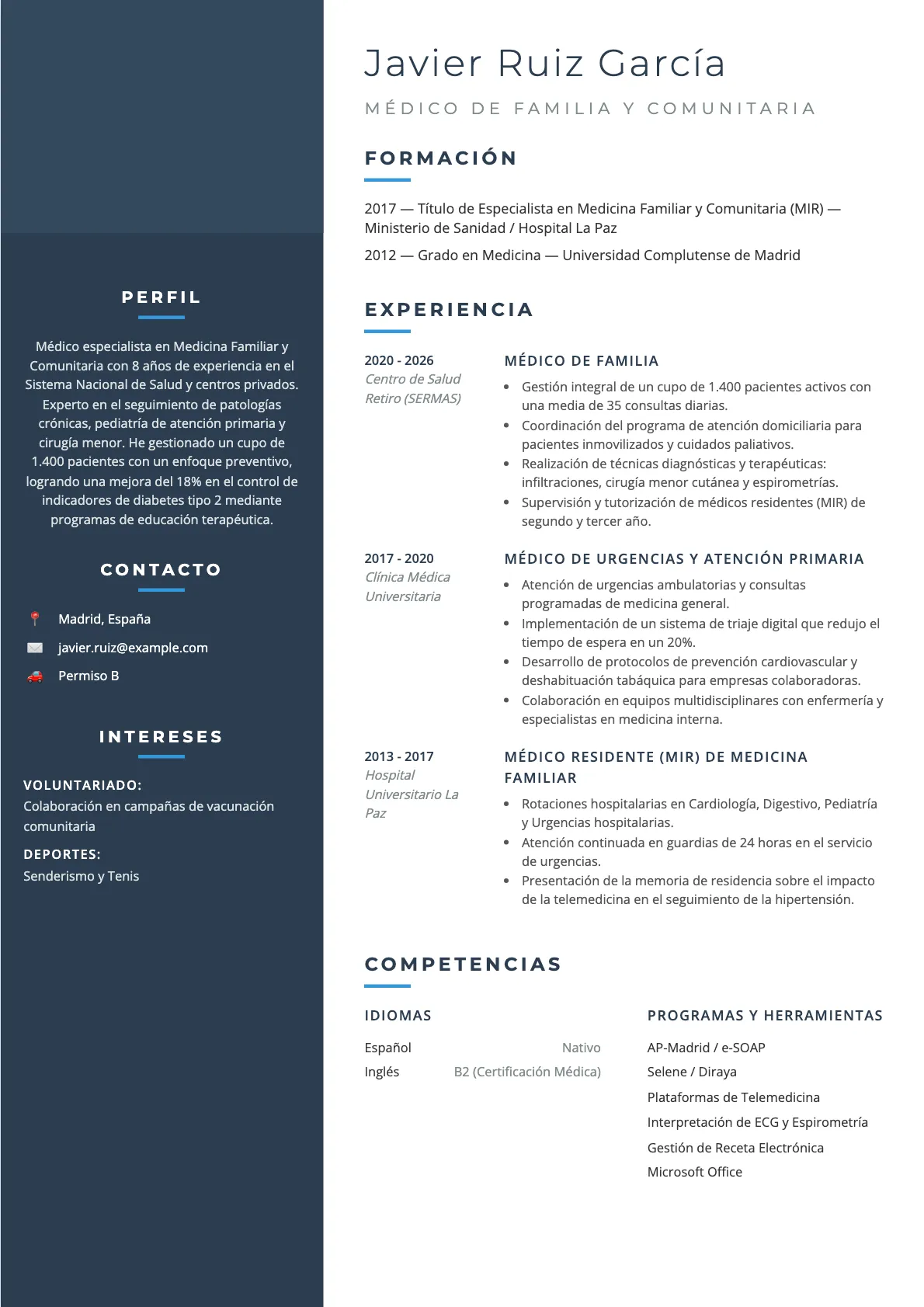 Ejemplo de CV de Médico de Familia 2026
