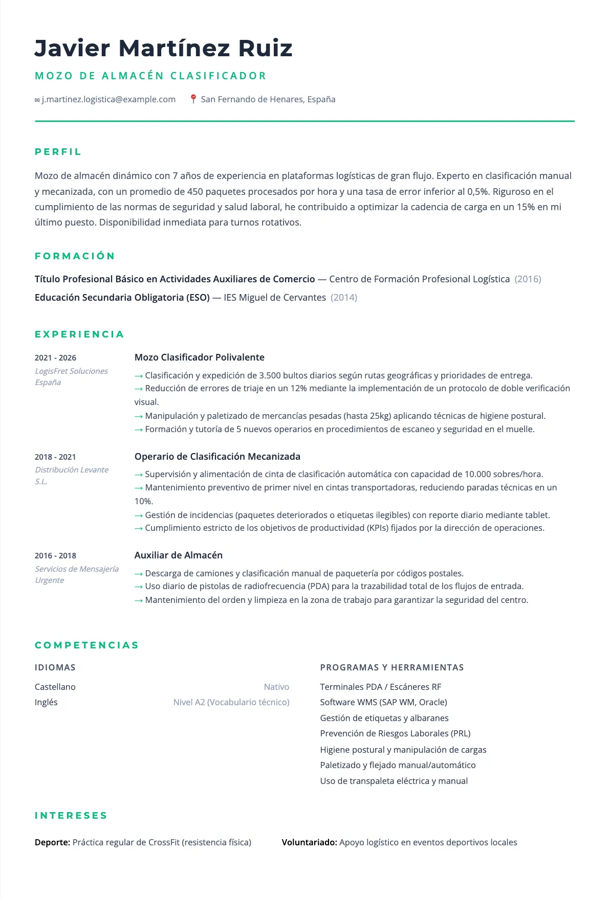 Ejemplo de CV de Mozo de Almacén Clasificador 2026