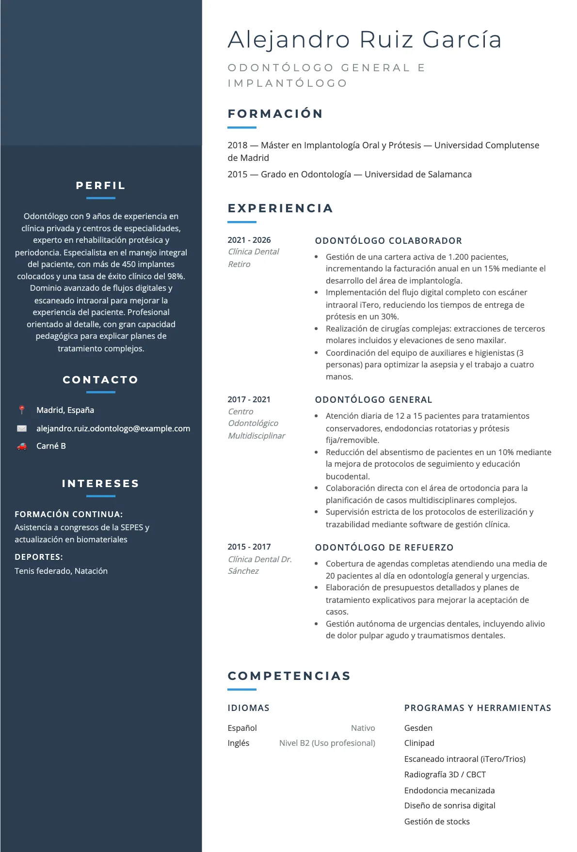 Ejemplo de CV de Odontólogo 2026