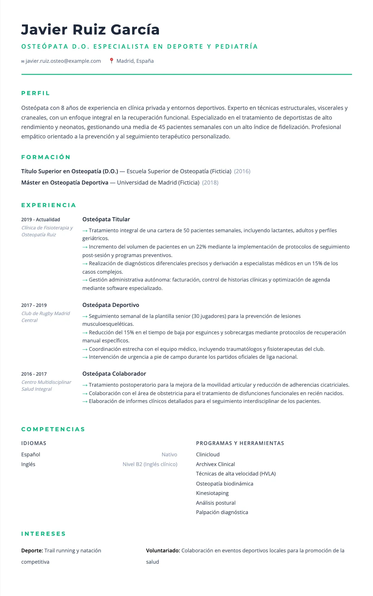 Ejemplo de CV de Osteópata 2026