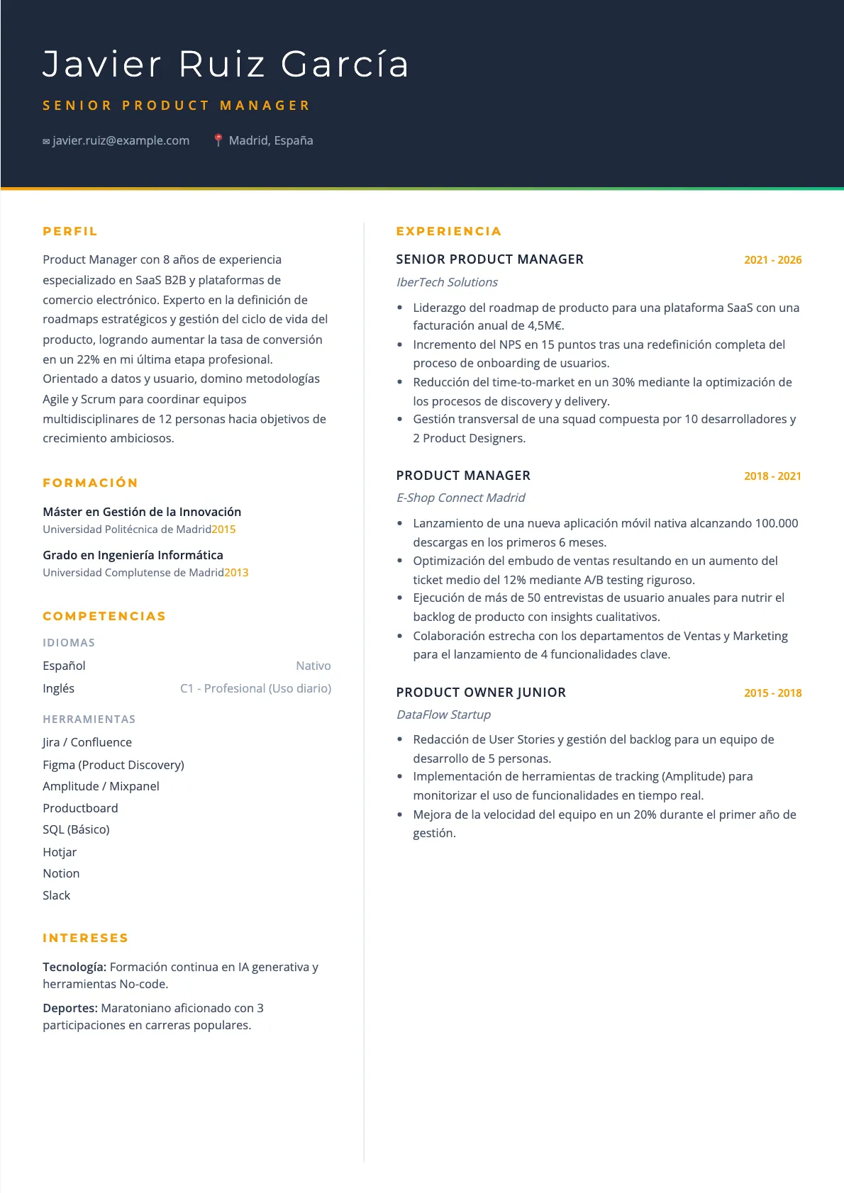 Ejemplo de CV de Product Manager 2026