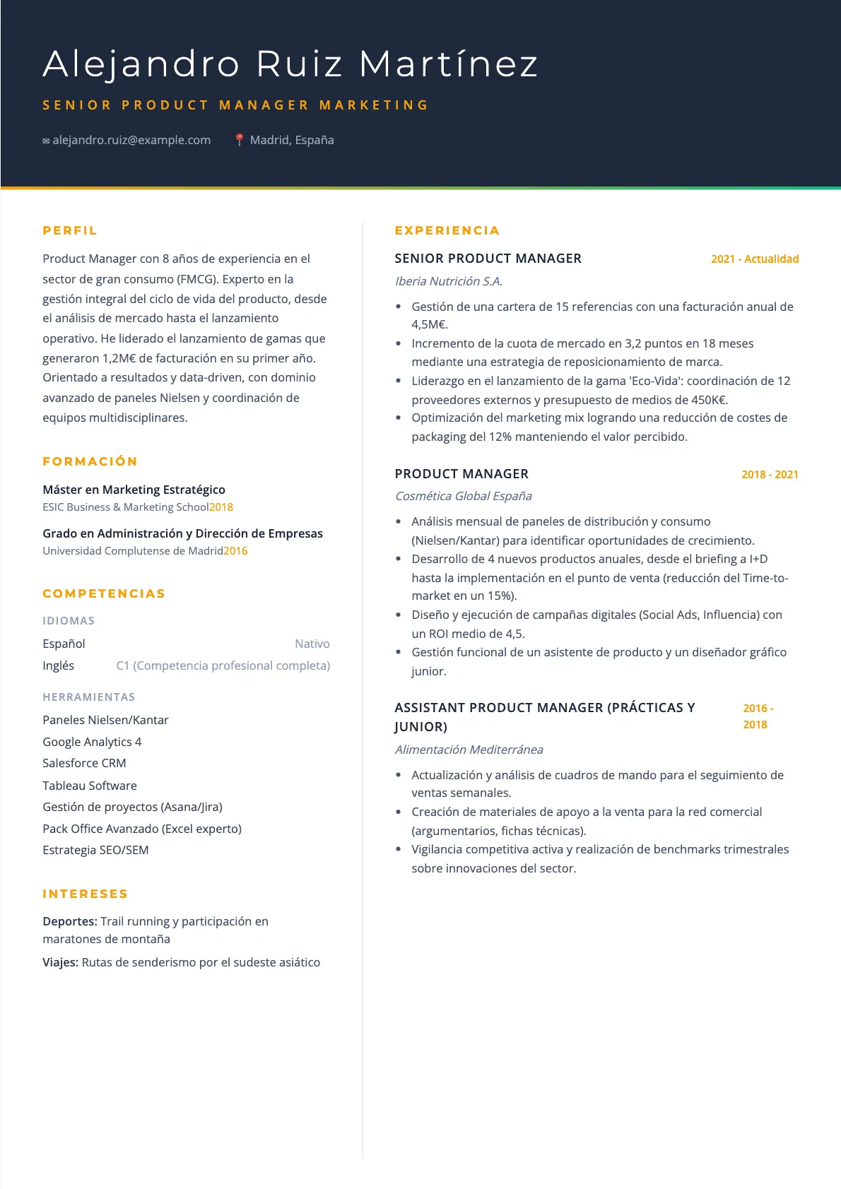 Ejemplo de CV de Product Manager Marketing 2026