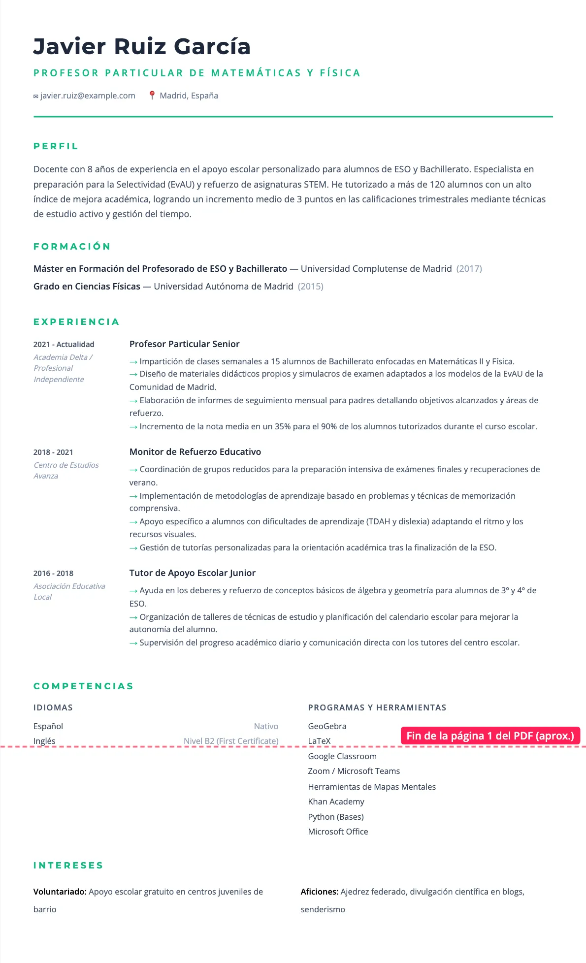 Ejemplo de CV para Profesor de Clases Particulares 2026