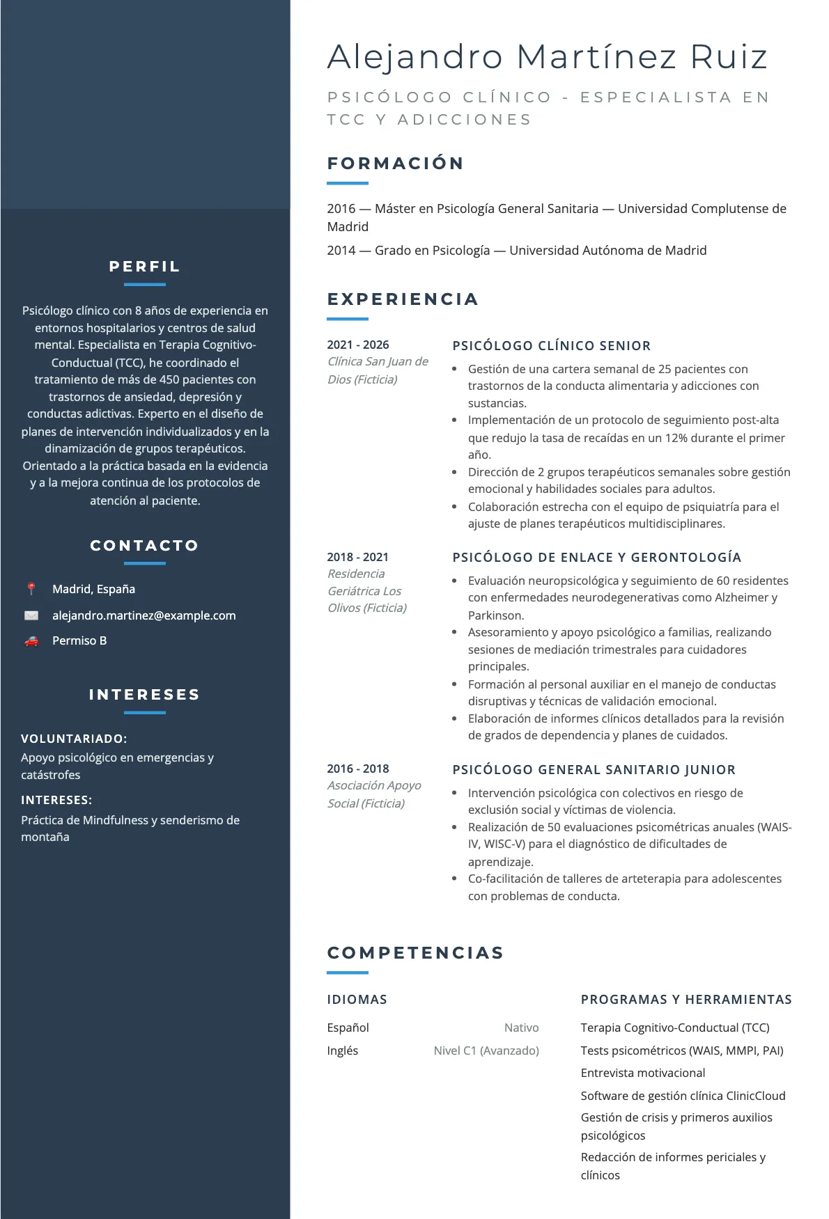 Ejemplo de CV de Psicólogo Clínico 2026