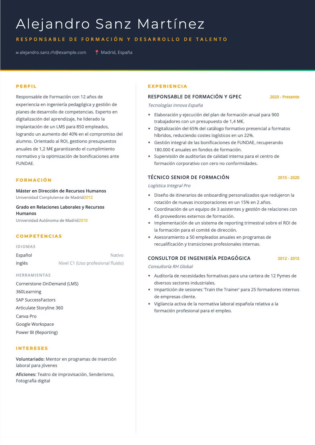 Ejemplo de CV Responsable de Formación 2026