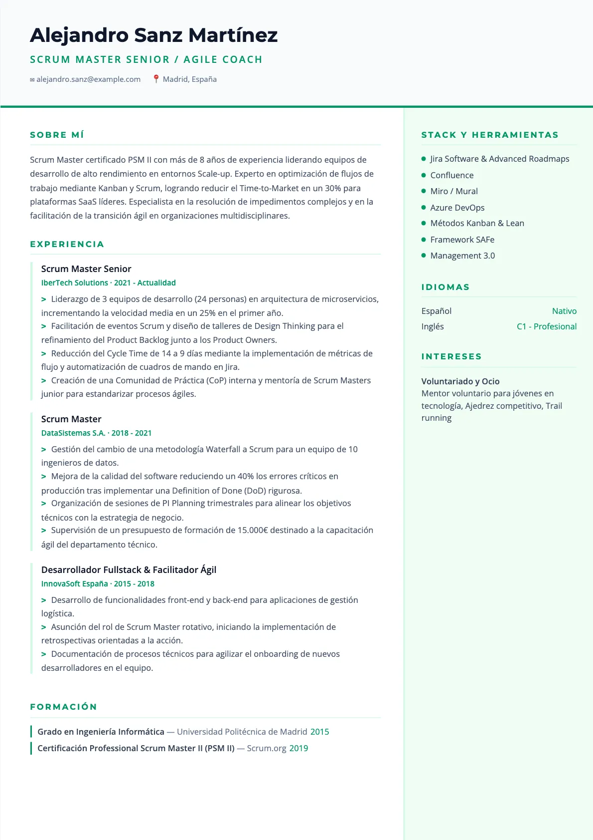 Ejemplo de CV Scrum Master 2026