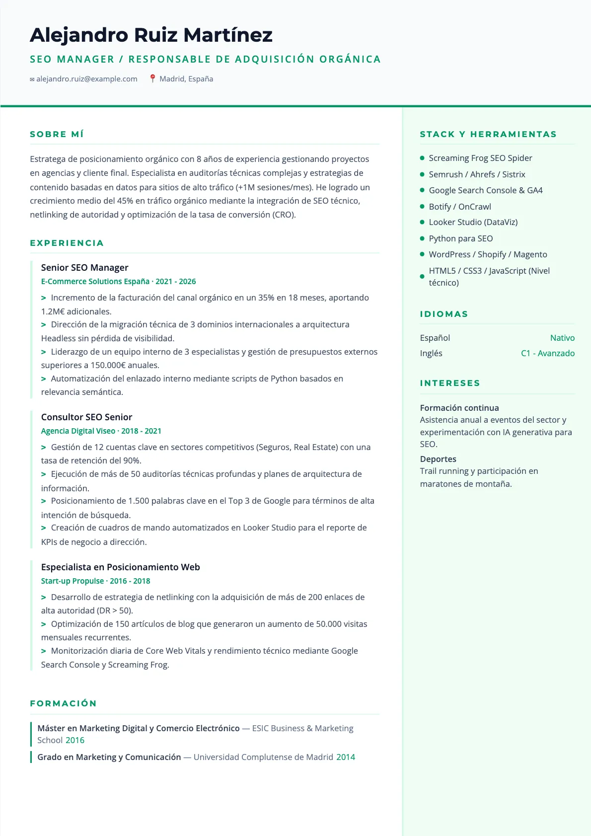 Ejemplo de CV de SEO Manager 2026