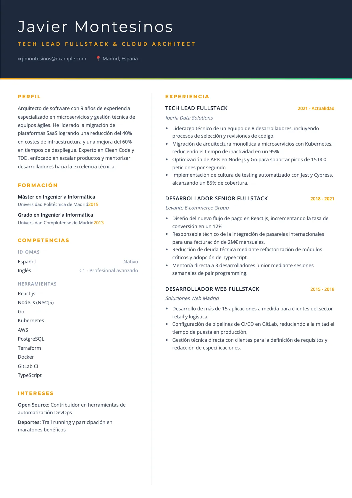 Ejemplo de CV de Tech Lead 2026