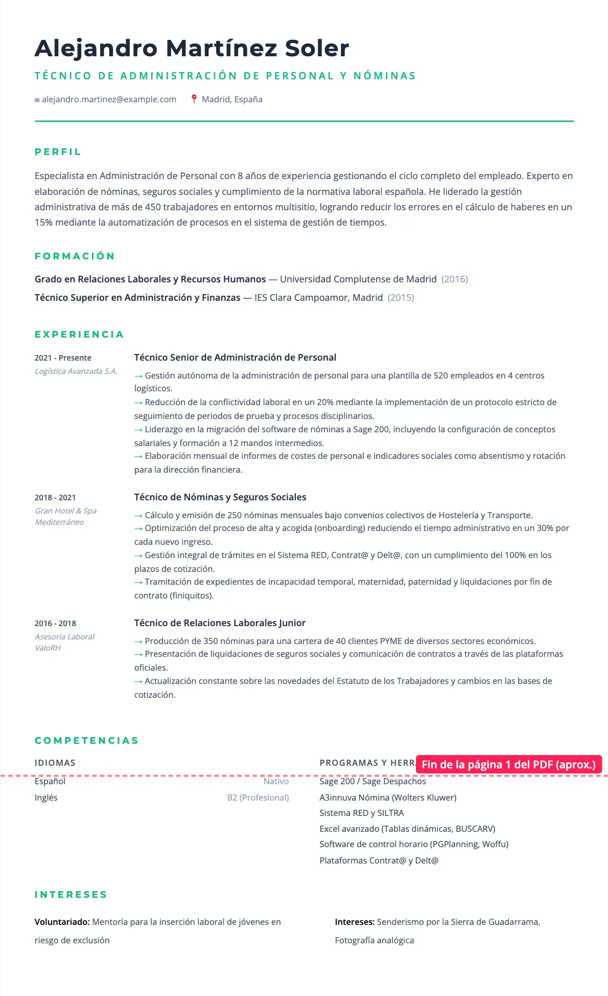 Ejemplo de CV de Técnico de Administración de Personal y Nóminas 2026