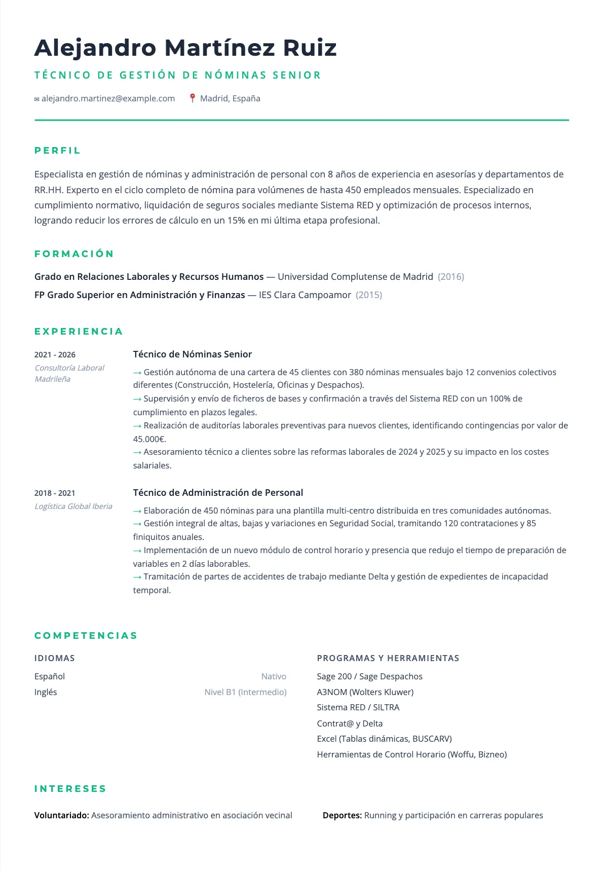 Ejemplo de CV de Técnico de Gestión de Nóminas 2026