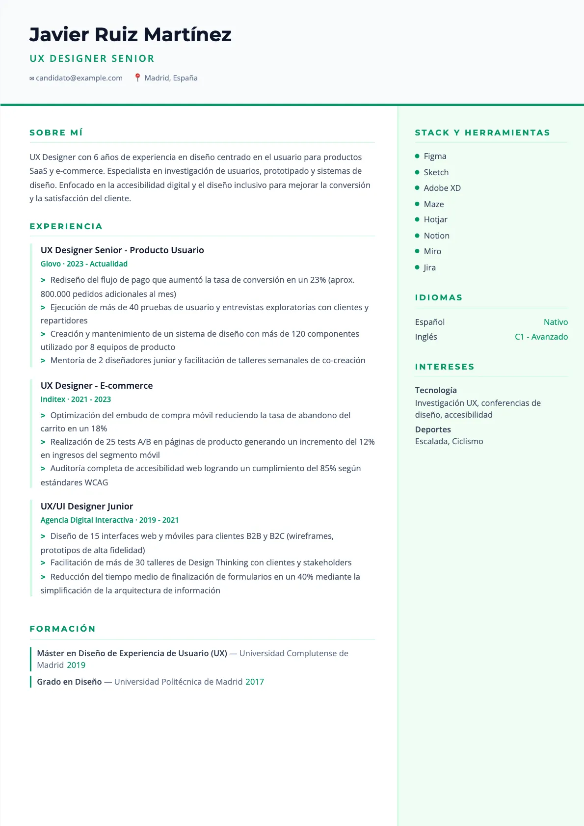Ejemplo de CV de UX Designer 2026