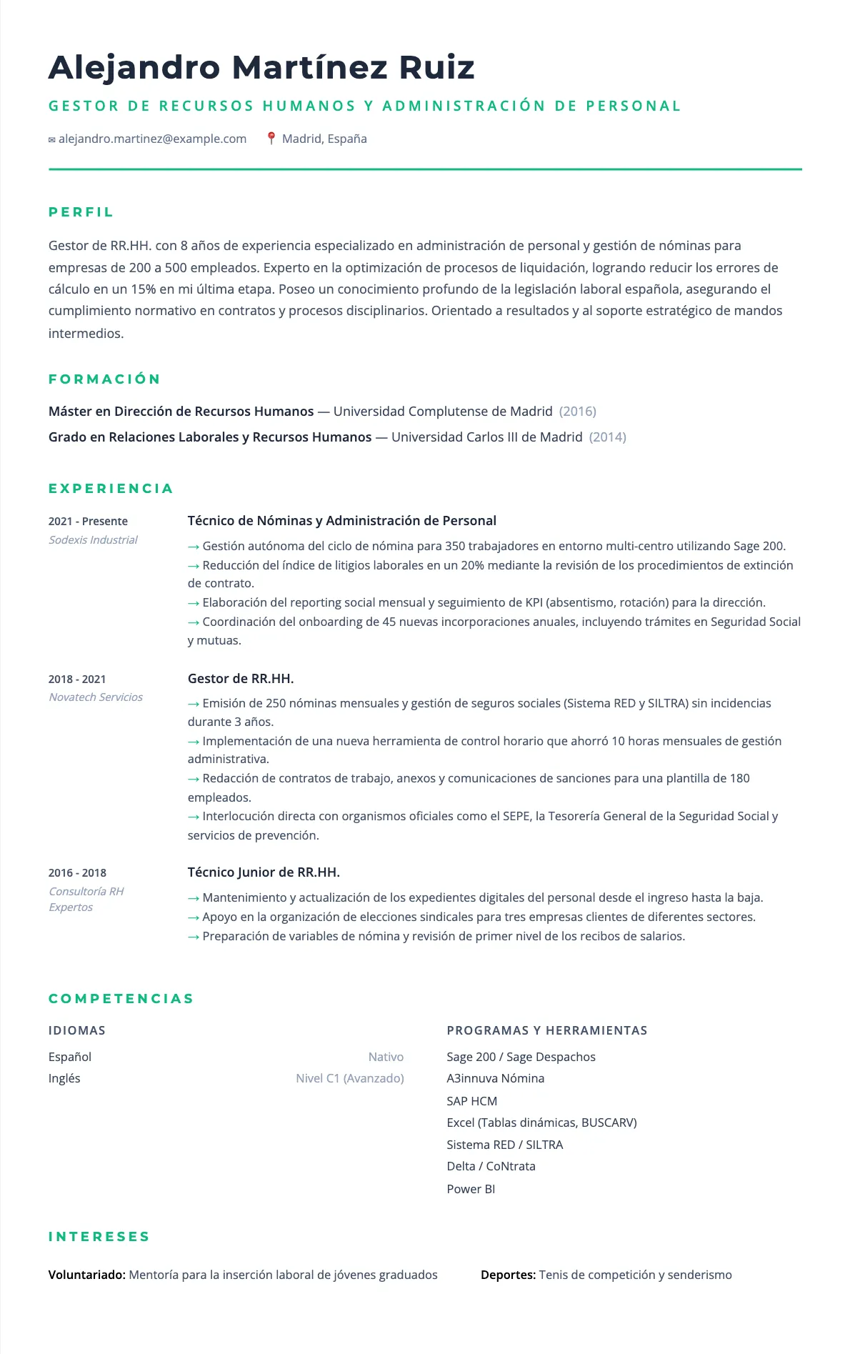 Ejemplo de CV para Gestor de Recursos Humanos 2026