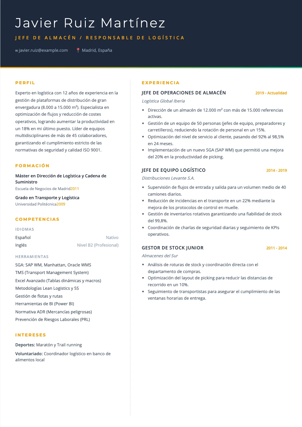 Ejemplo de CV de Jefe de Almacén 2026