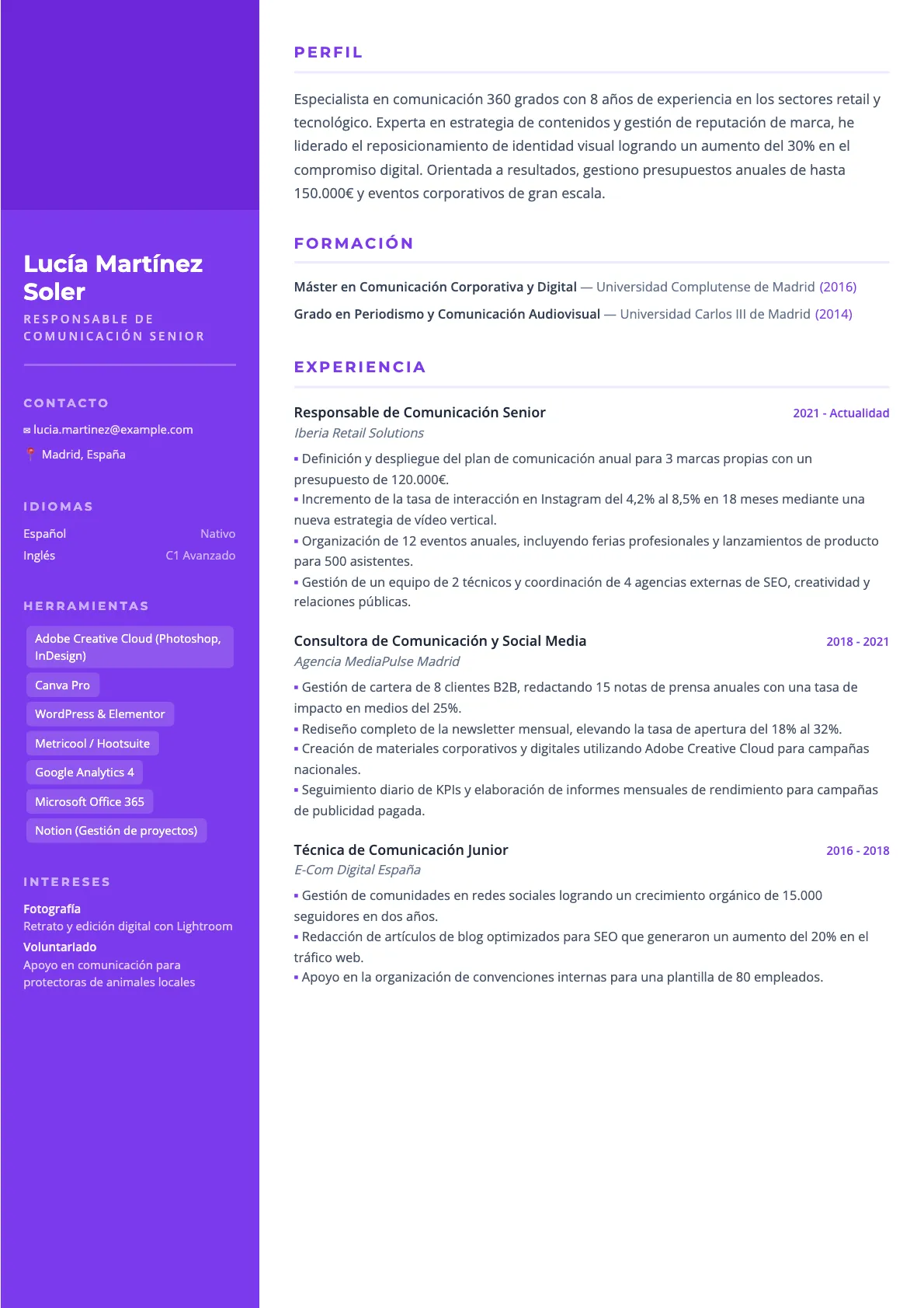 Ejemplo de CV Responsable de Comunicación 2026