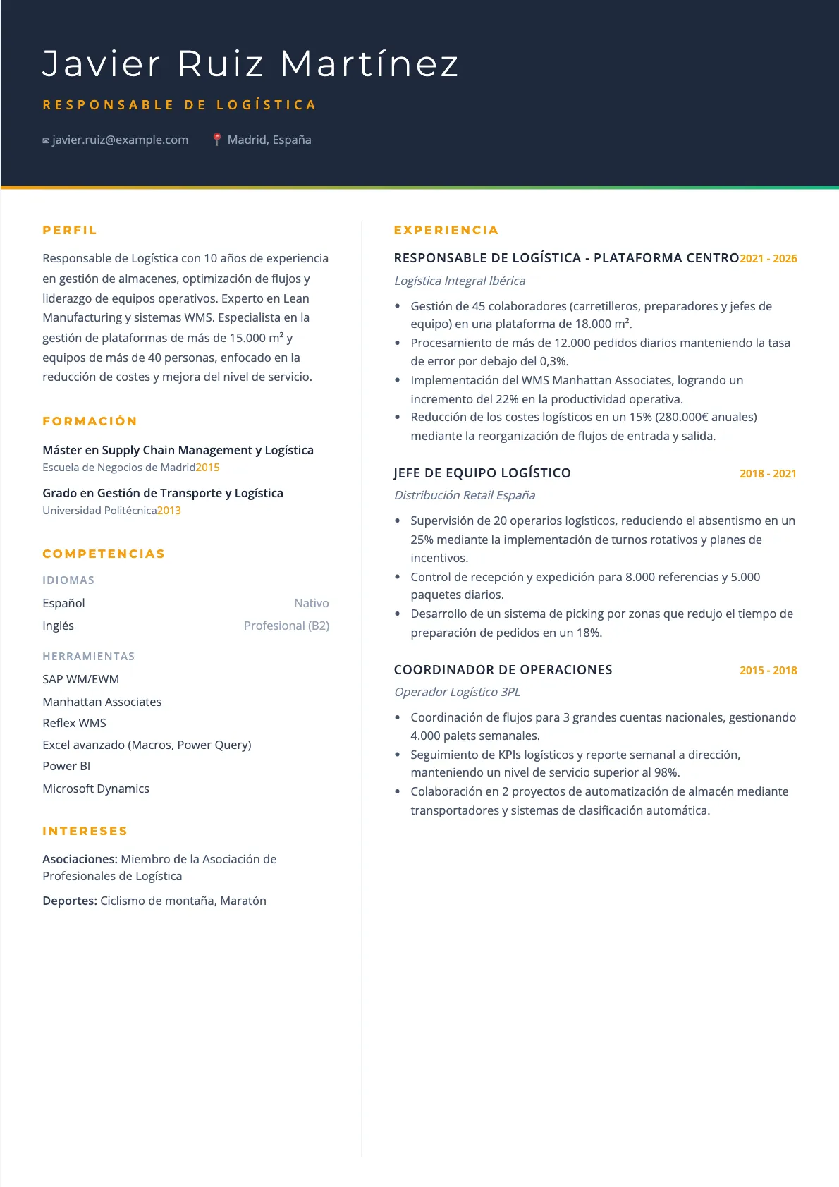 Ejemplo de CV Responsable de Logística 2026