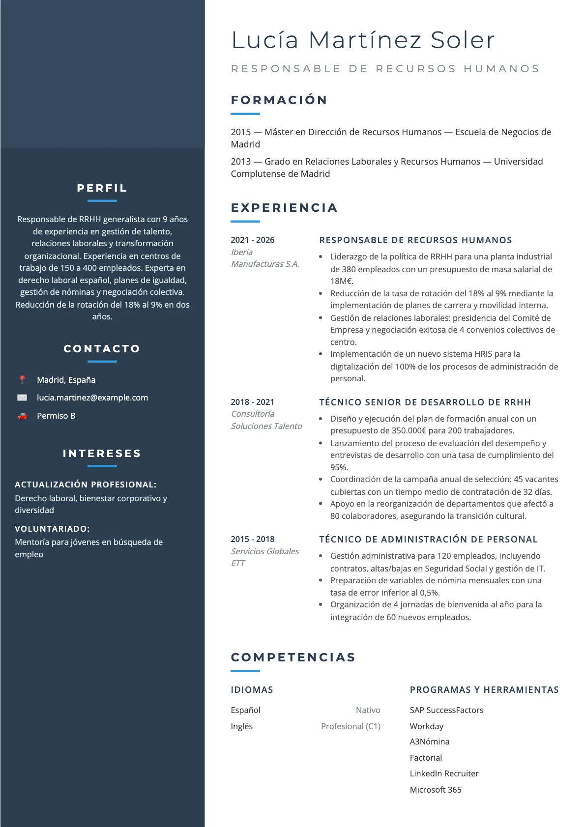 Ejemplo de CV de Responsable de RRHH 2026