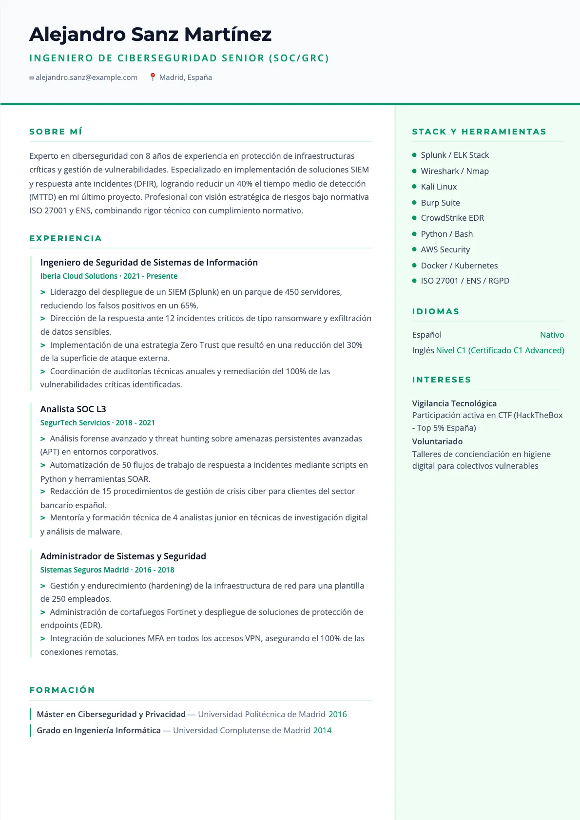 Ejemplo de CV de Ingeniero de Ciberseguridad 2026