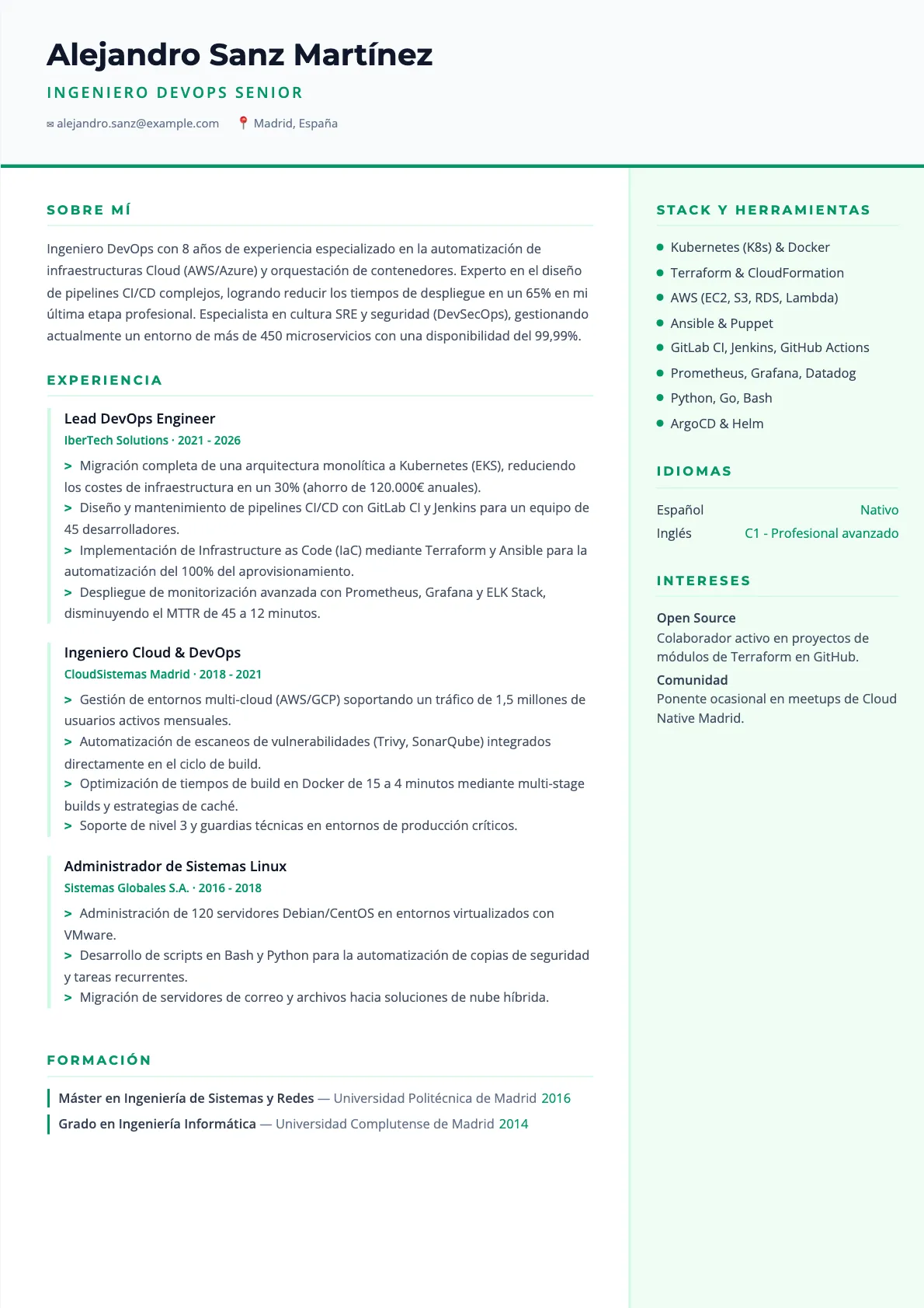 Ejemplo de CV de Ingeniero DevOps 2026