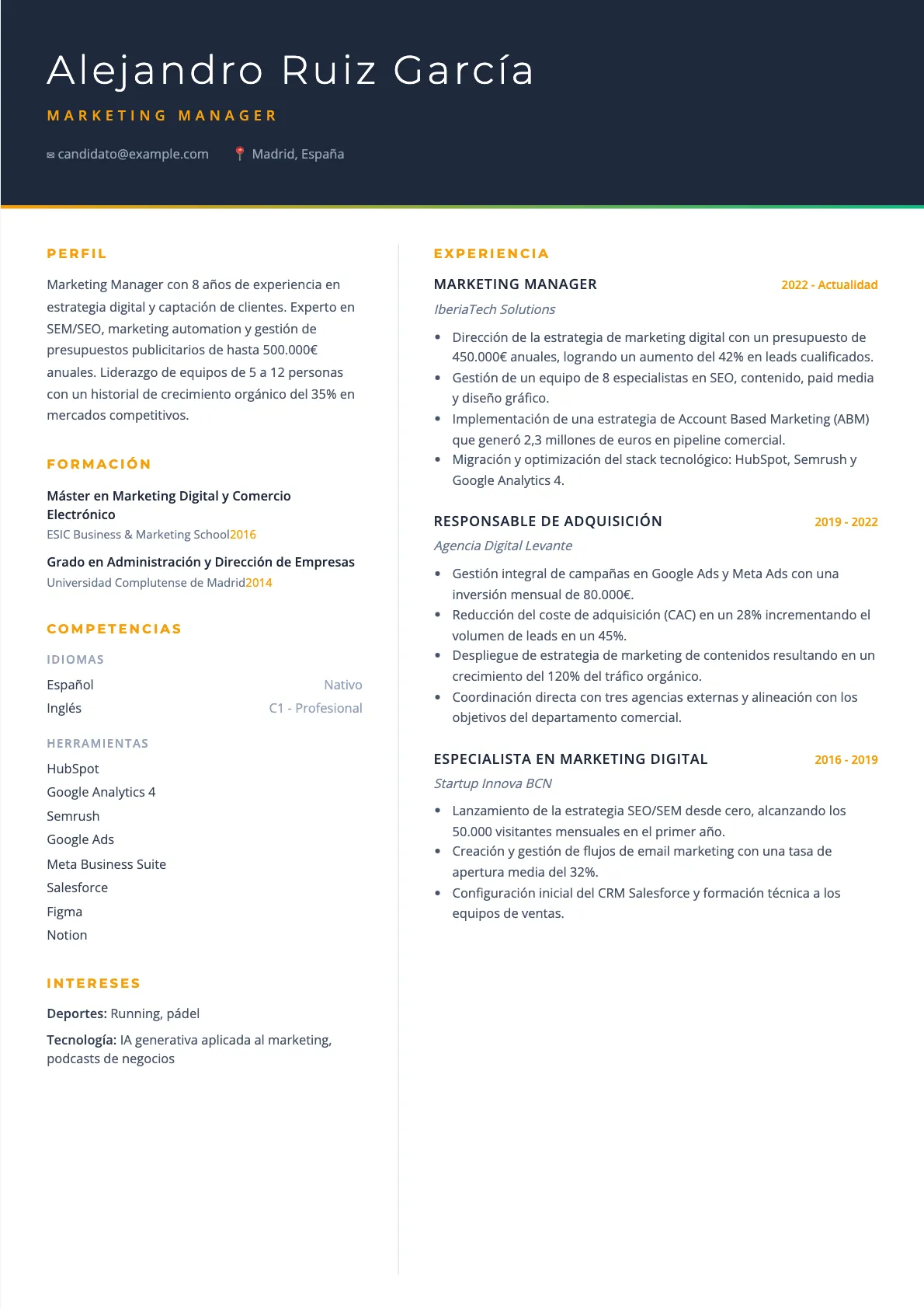 Ejemplo de CV de Marketing Manager 2026