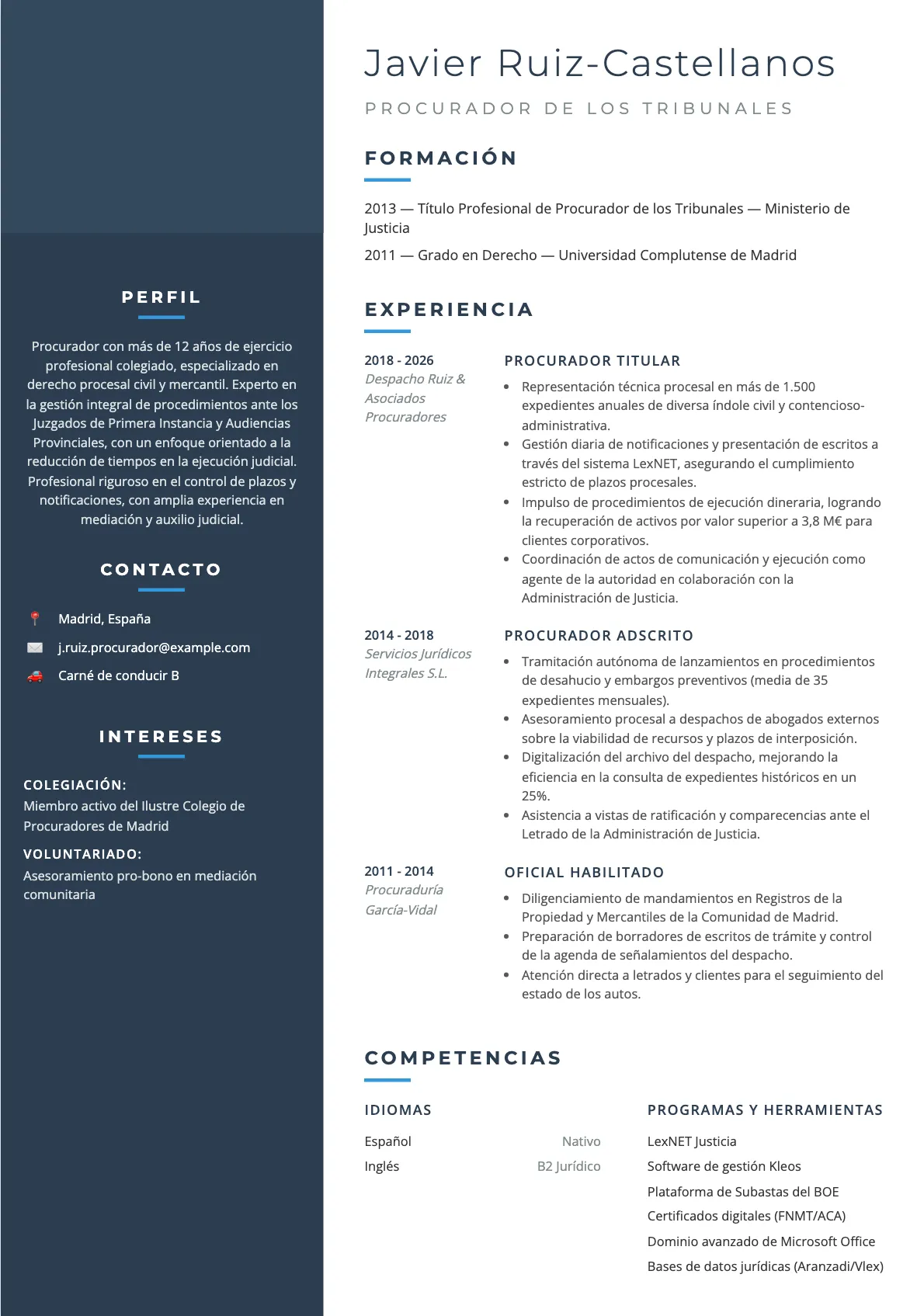 Ejemplo de CV de Procurador de los Tribunales 2026