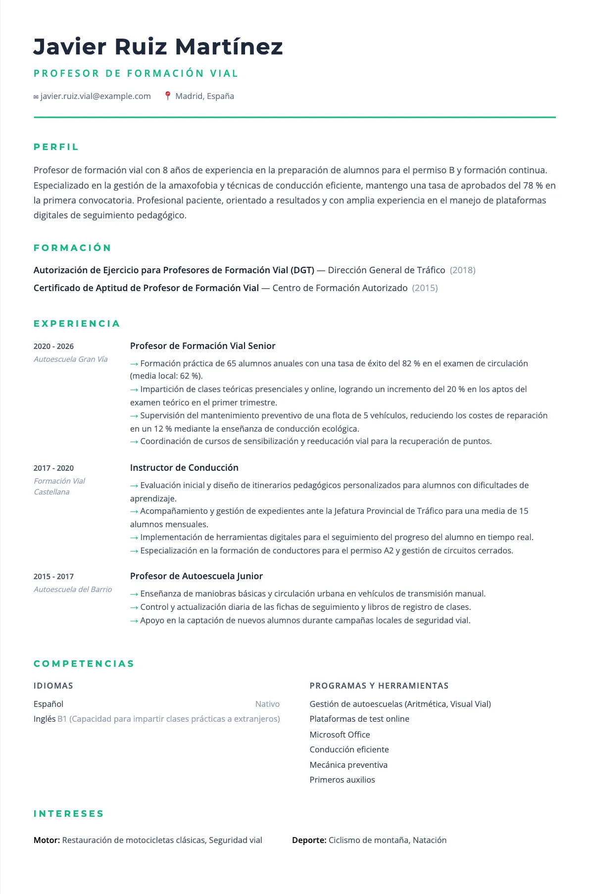 Ejemplo de CV de Profesor de Autoescuela 2026