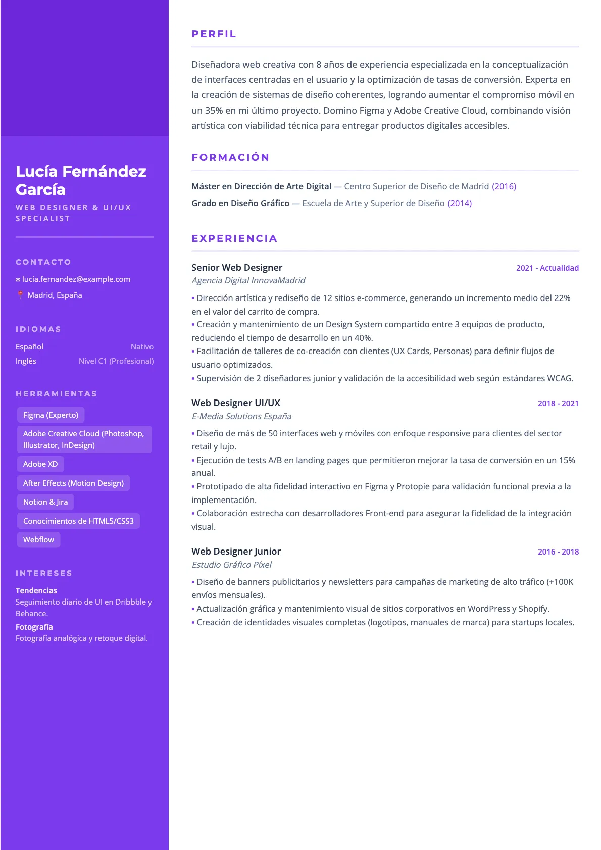 Ejemplo de CV de Web Designer 2026
