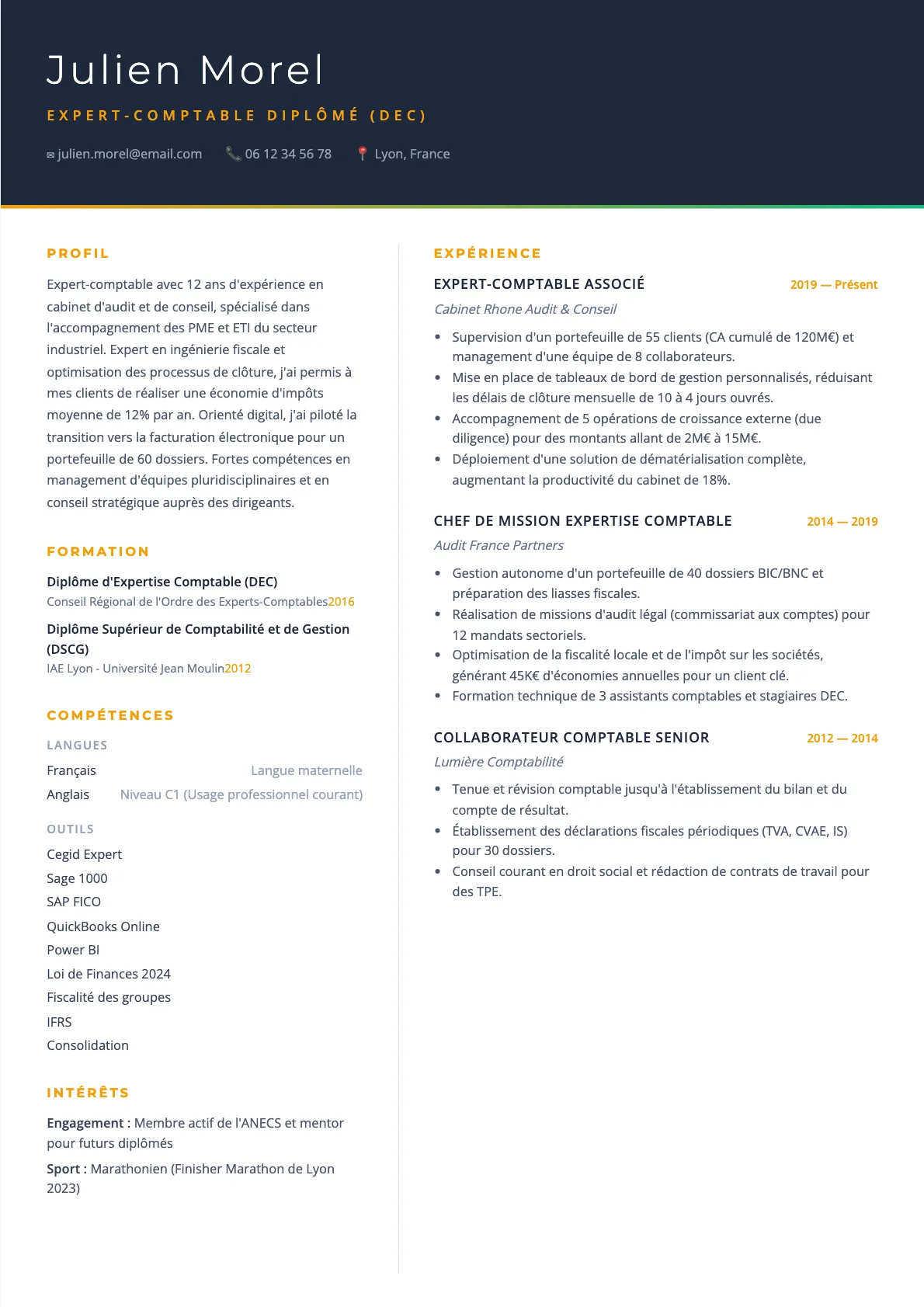 Exemple de CV Expert-Comptable Diplômé (DEC) (modèle executive) créé avec CV Boost