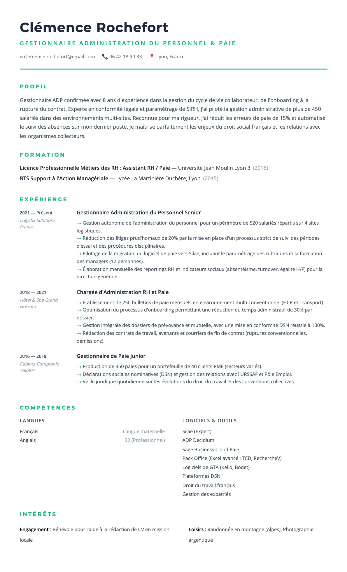 Exemple de CV Gestionnaire Administration du Personnel & Paie (modèle minimaliste) créé avec CV Boost