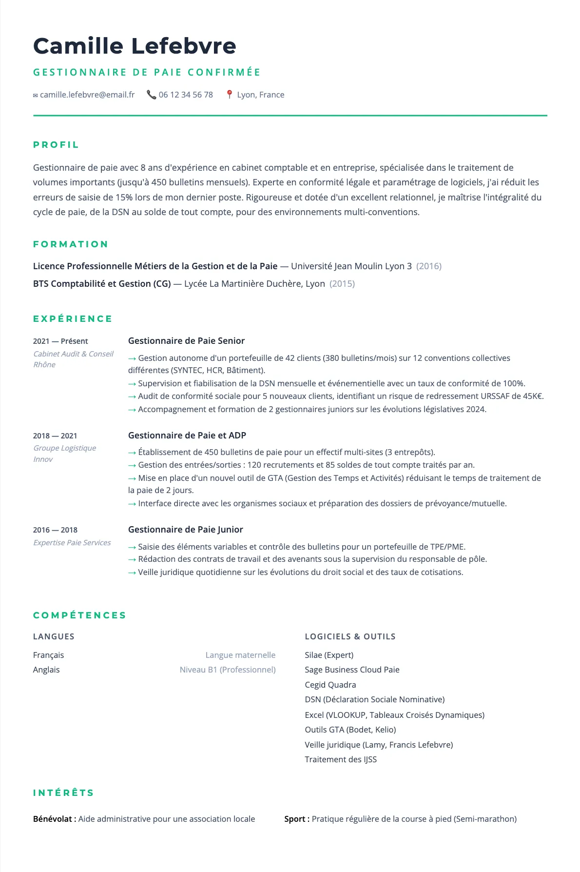 Exemple de CV Gestionnaire de Paie Confirmée (modèle minimaliste) créé avec CV Boost