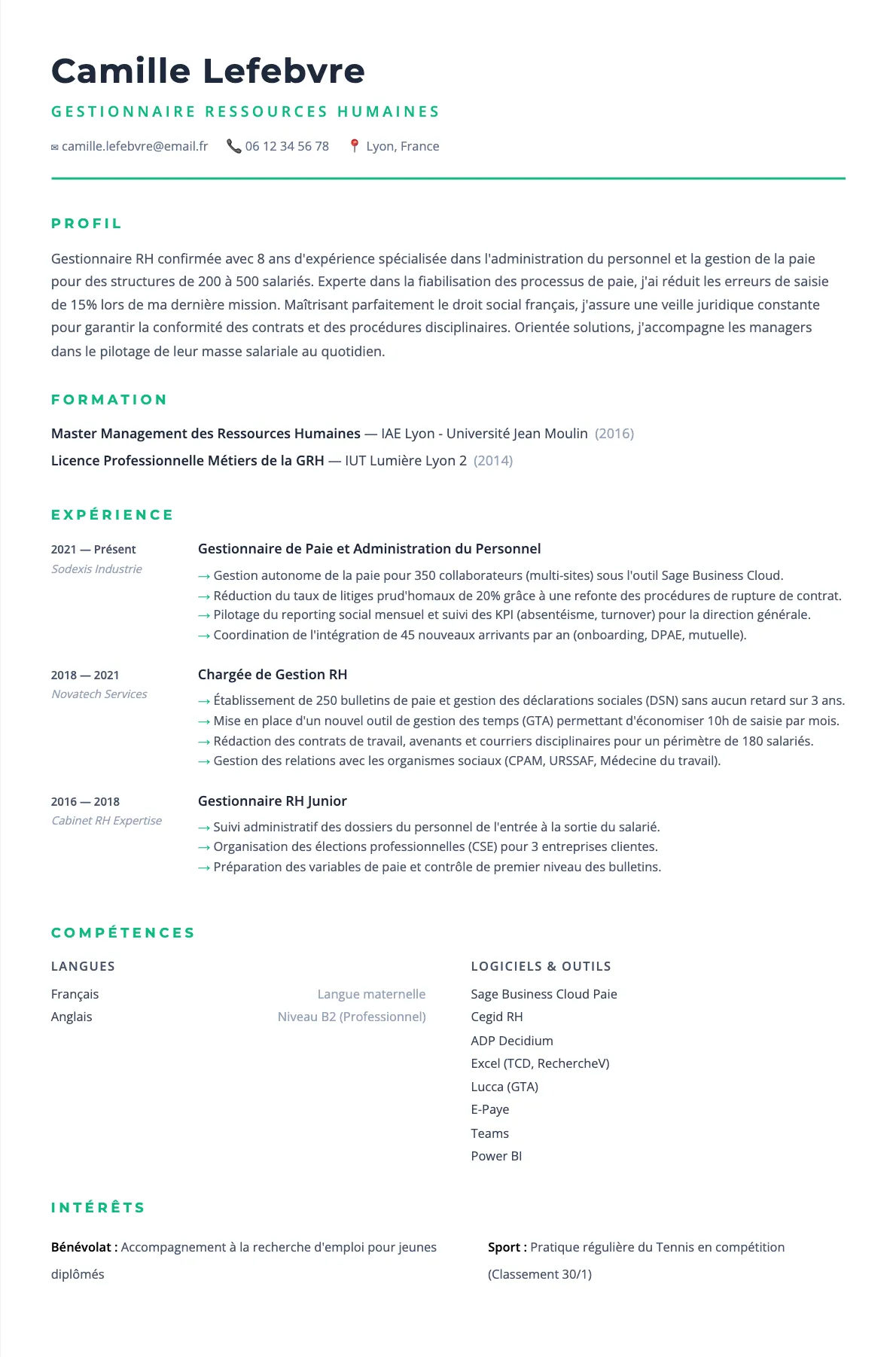 Exemple de CV Gestionnaire Ressources Humaines (modèle minimaliste) créé avec CV Boost