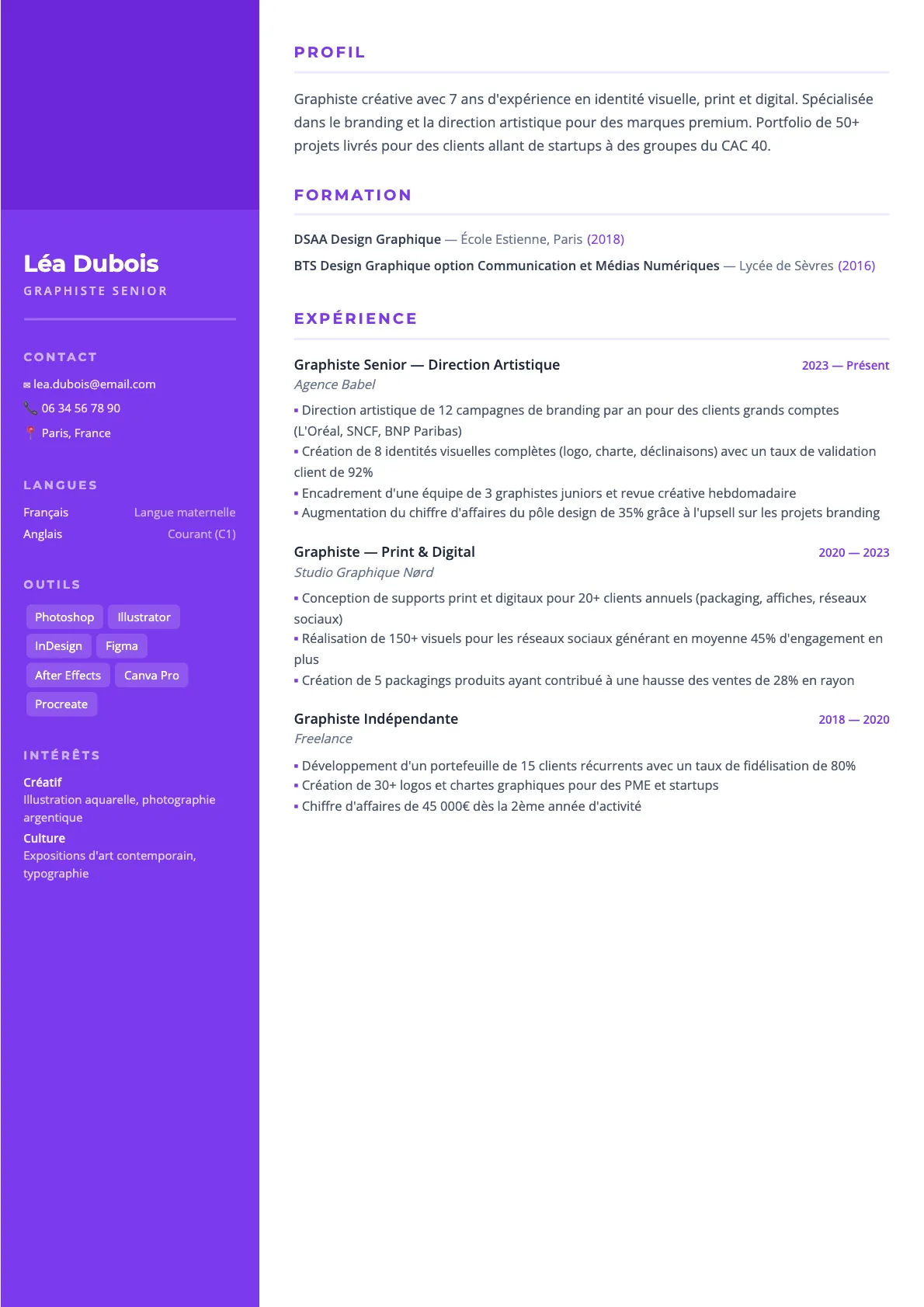 Exemple de CV Graphiste Senior (modèle creatif) créé avec CV Boost