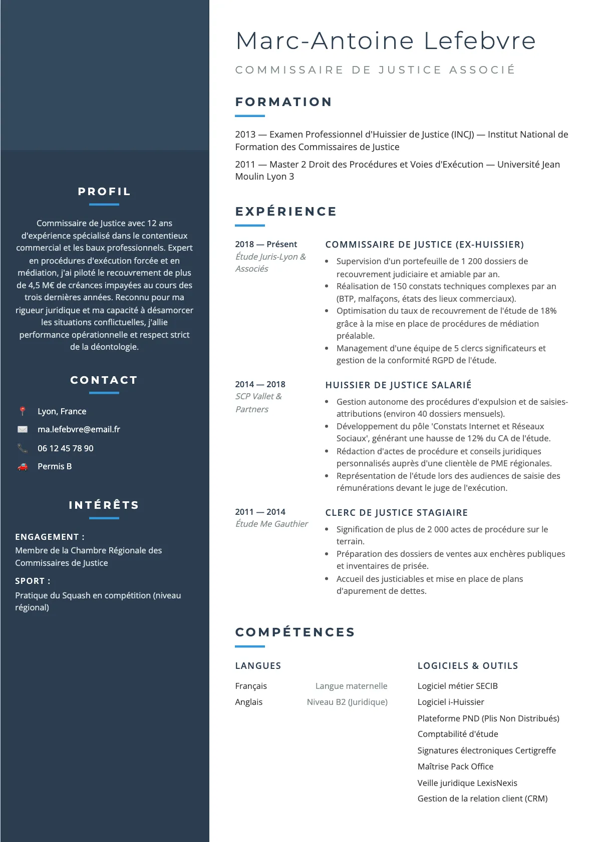 Exemple de CV Commissaire de Justice Associé (modèle classique) créé avec CV Boost