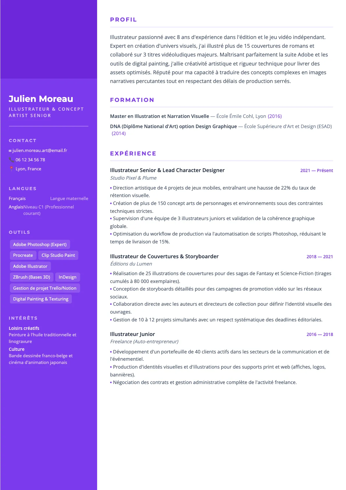 Exemple de CV Illustrateur & Concept Artist Senior (modèle creatif) créé avec CV Boost