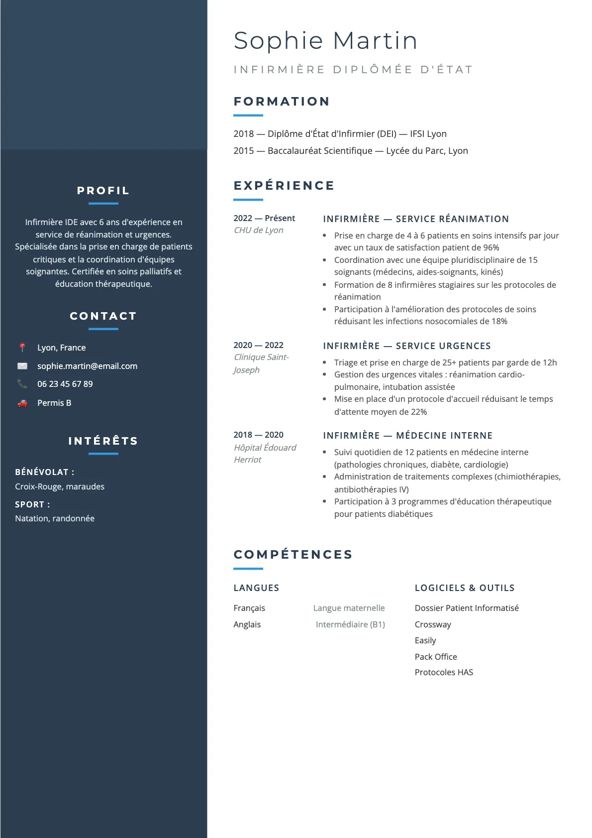Exemple de CV Infirmière Diplômée d'État (modèle classique) créé avec CV Boost