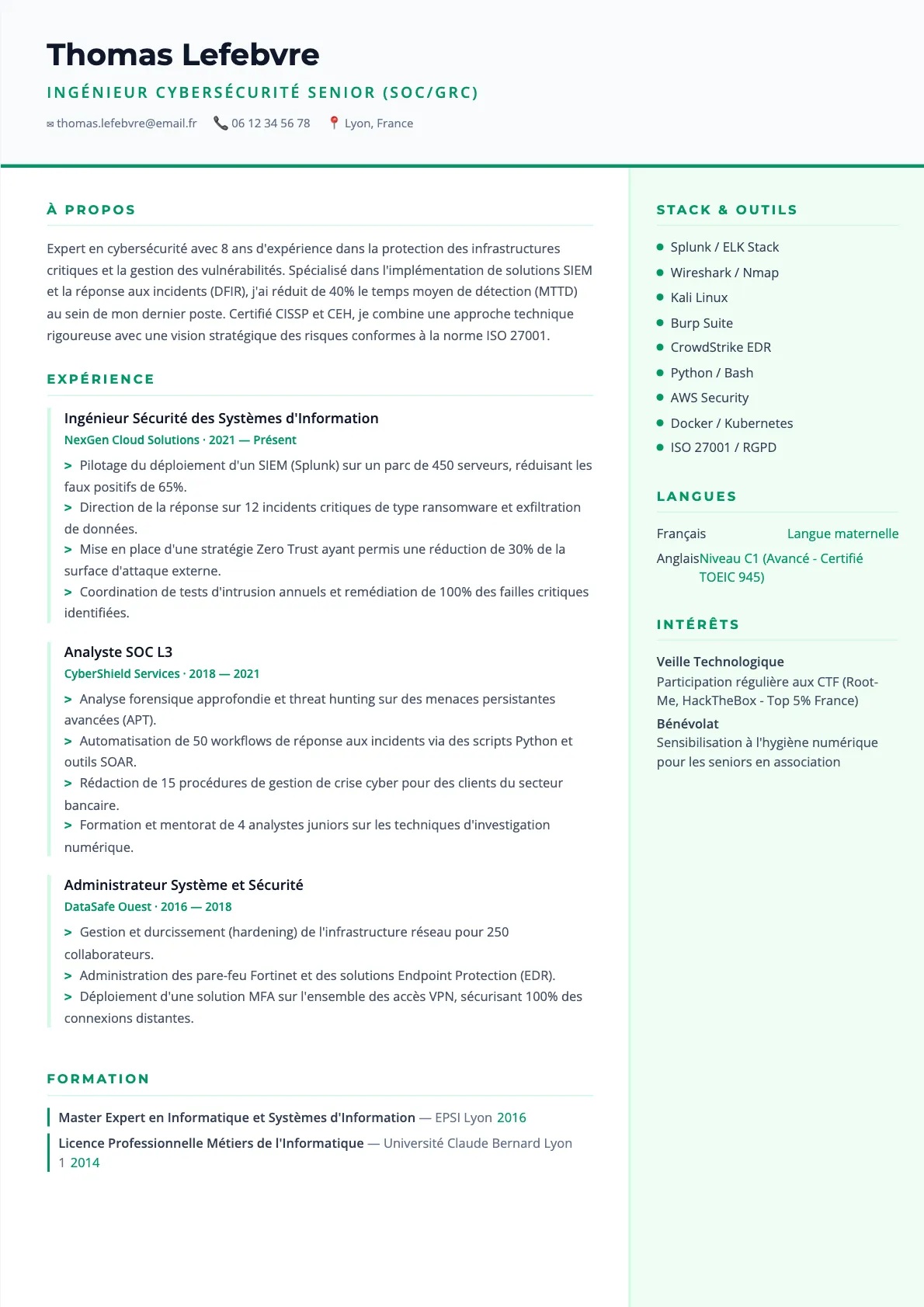 Exemple de CV Ingénieur Cybersécurité Senior (SOC/GRC) (modèle tech) créé avec CV Boost