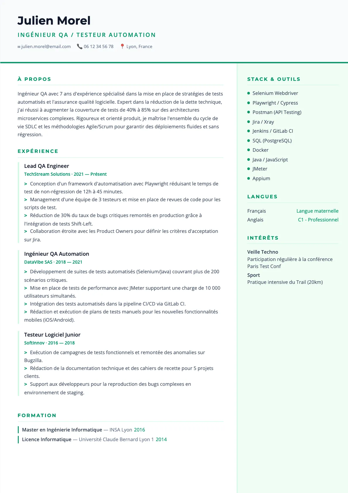Exemple de CV Ingénieur QA / Testeur Automation (modèle tech) créé avec CV Boost
