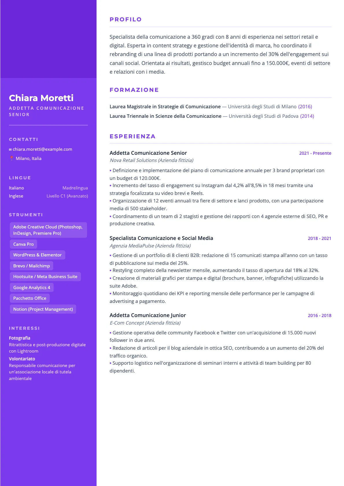 Esempio di CV Addetto Comunicazione 2026